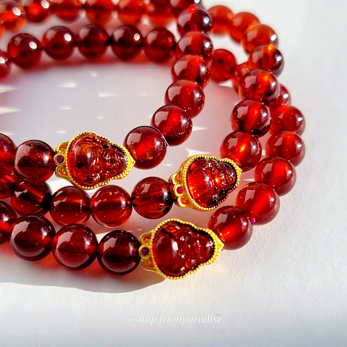 Garnet Laughing Buddha Handmade Crystal Sterling Silver Bracelet