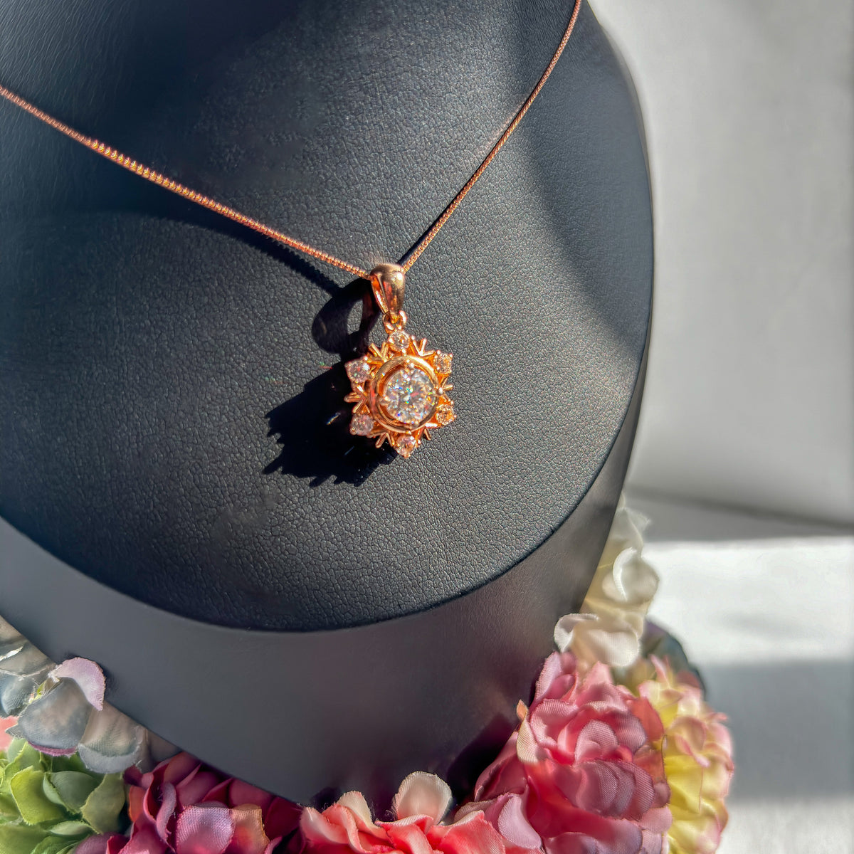 Rose Gold Moissanite Snowflake Womens Necklace