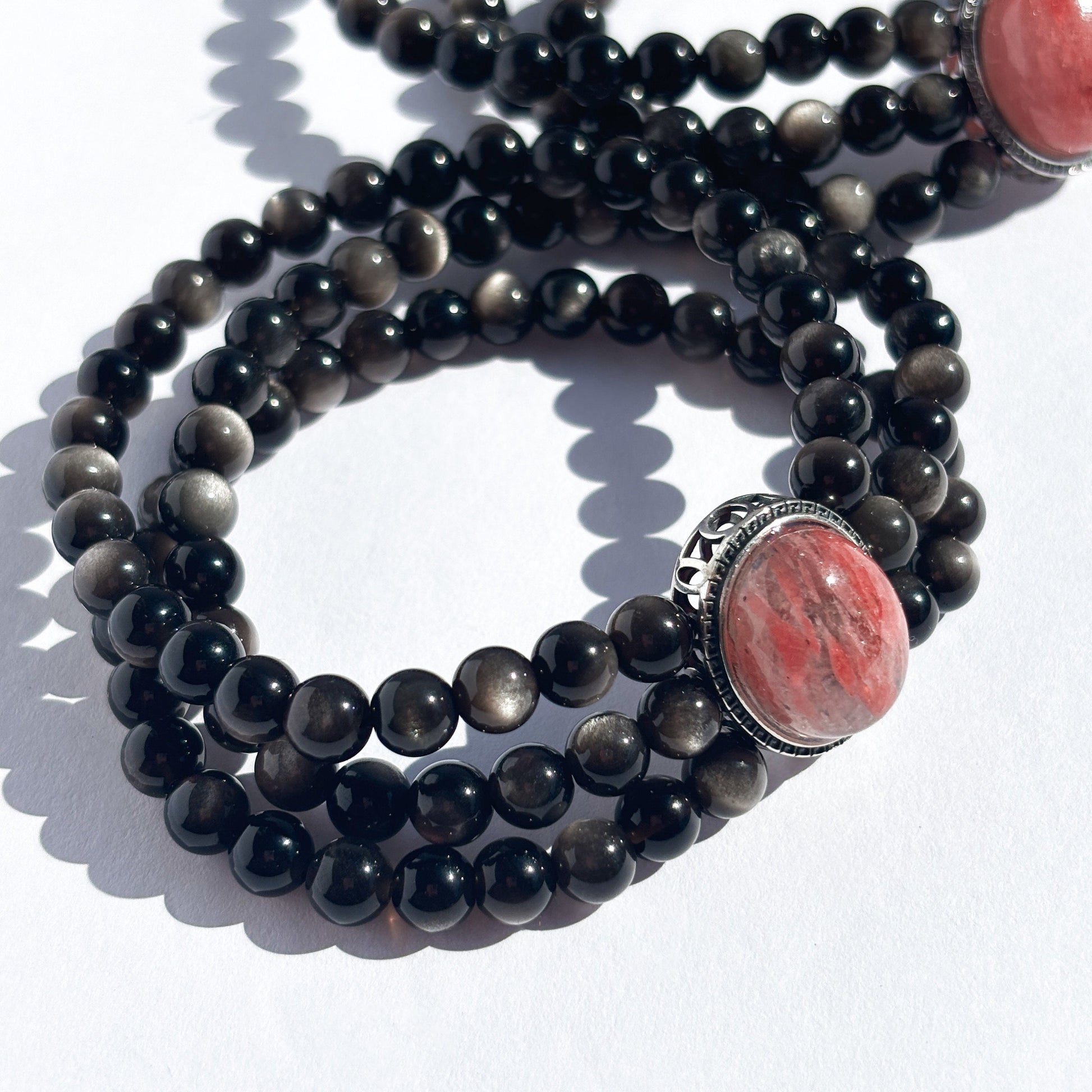 Silver Sheen Obsidian and Rhodonite Vintage Styled Crystal Bracelet