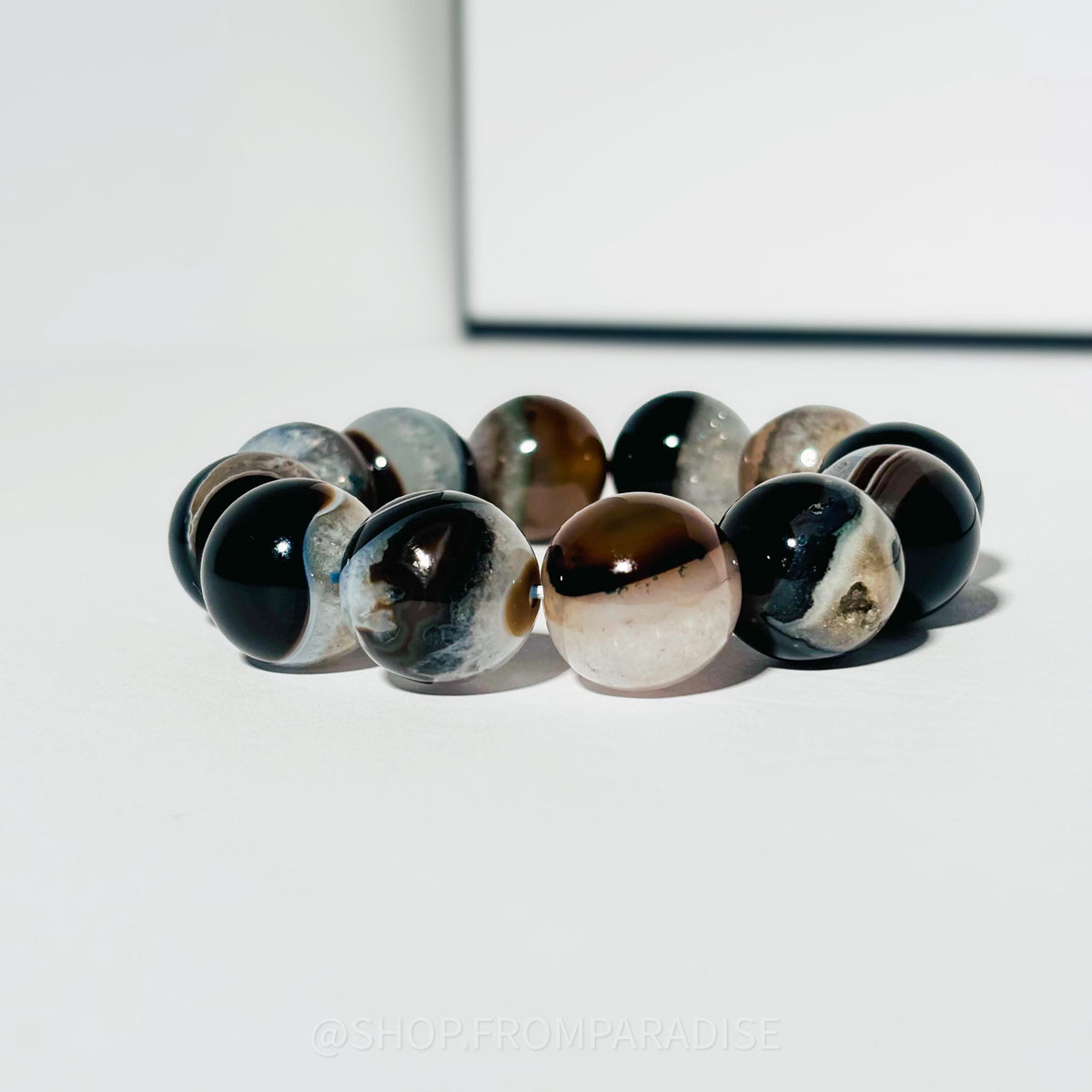 BLACK AGATE Large Crystal Stretch Bracelet MENS LARGE BEAD