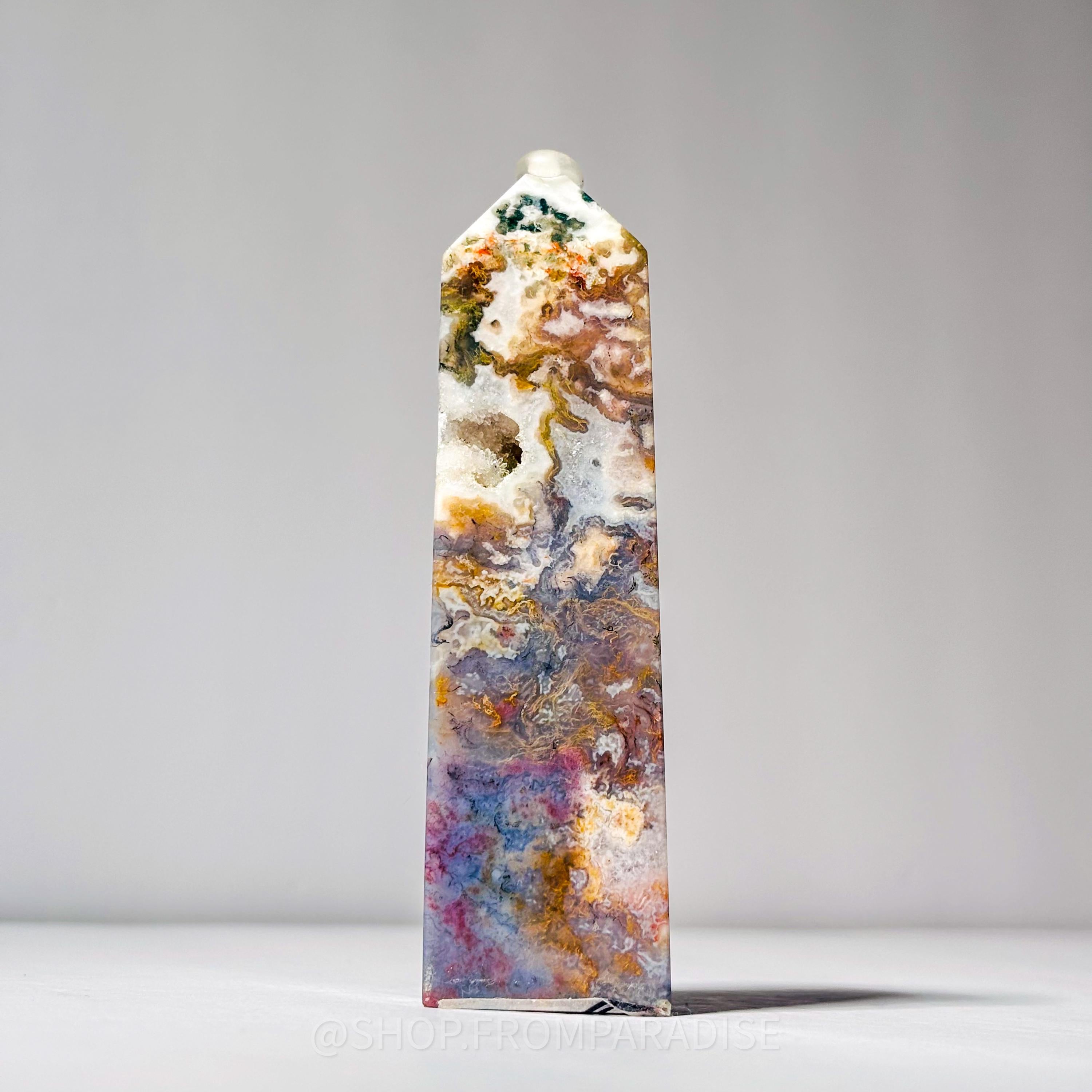 Sea Jasper and Moss Agate with Druzy Crystal Tower Sculpture - #3