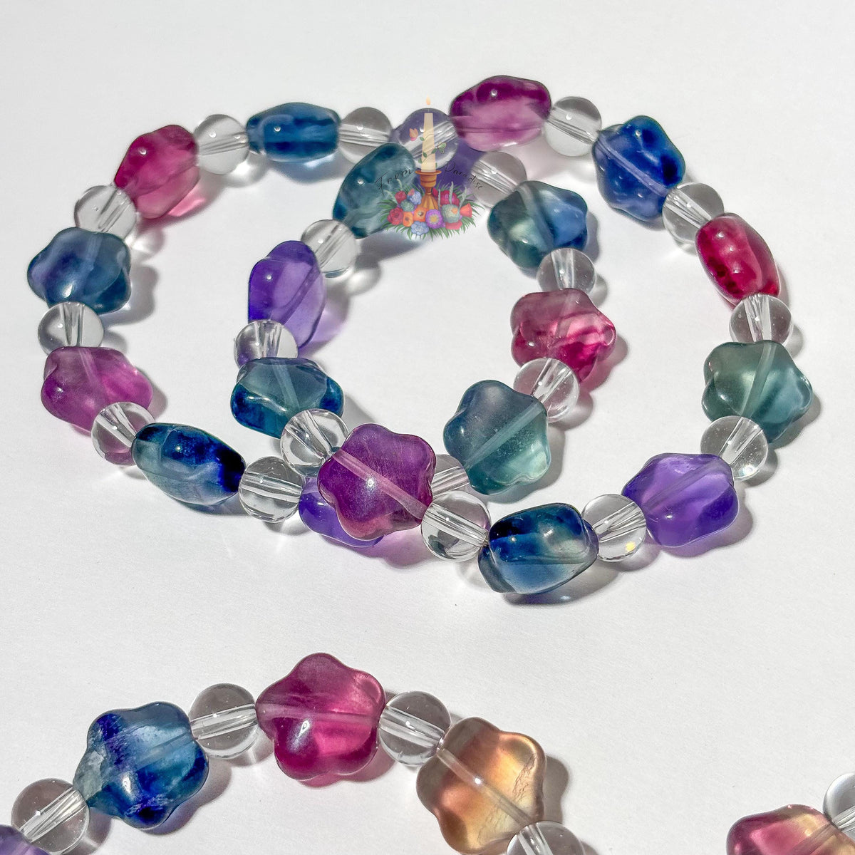 Rainbow Fluorite Star Crystal Bracelet, Clear Quartz Beaded Stretch Bracelet, Colorful Carved Gemstone Jewelry, Cute Celestial Crystal Gift