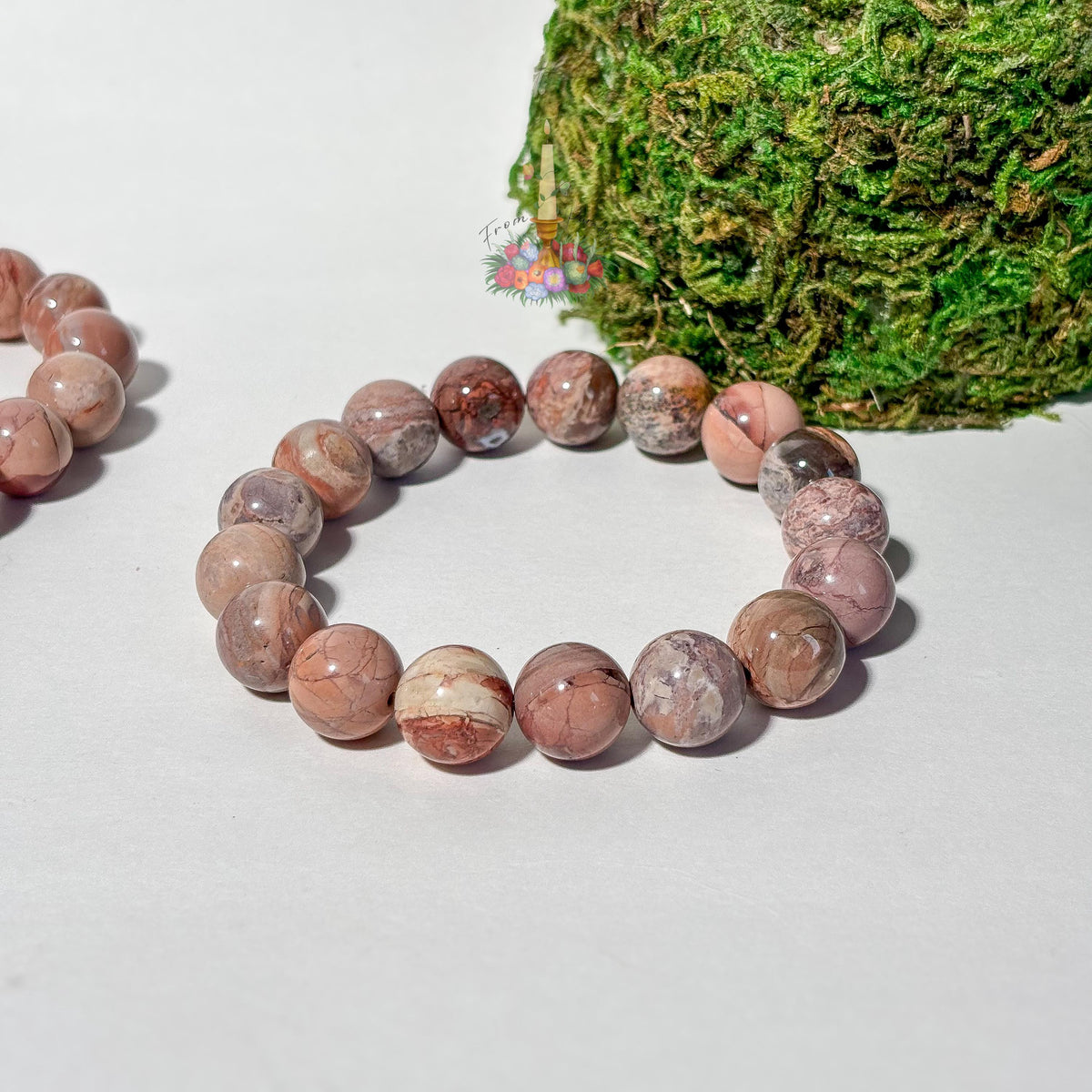 Natural Pink Oil Painting Alashan Agate Bracelet, Swirl Round Bead Stretch Wristlet, Pastel Gemstone Stacking Jewelry, Heart Chakra Crystal