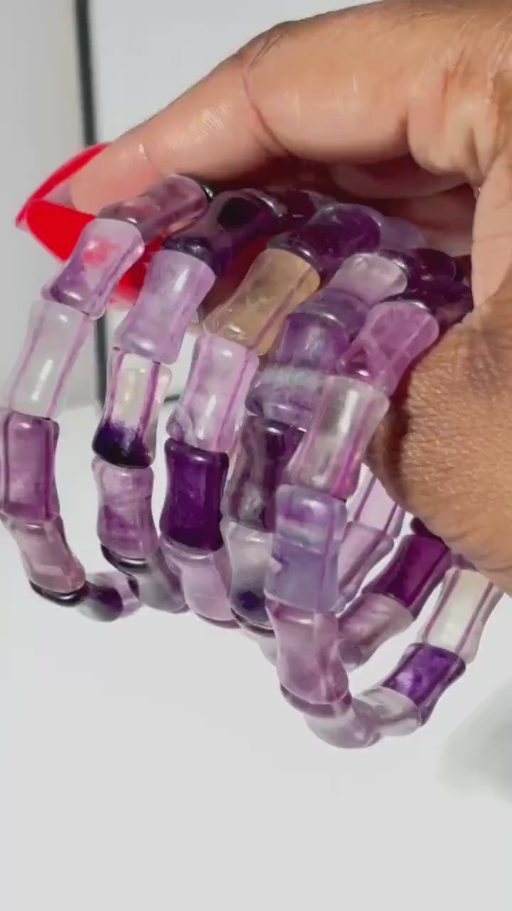 Purple Fluorite Crystal Bone Shaped Stretch Bangle Bracelet