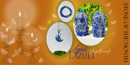 Lapis Lazuli bracelet, crescent moon pendant and crystal carvings featured for From Paradise September Stone of the Month