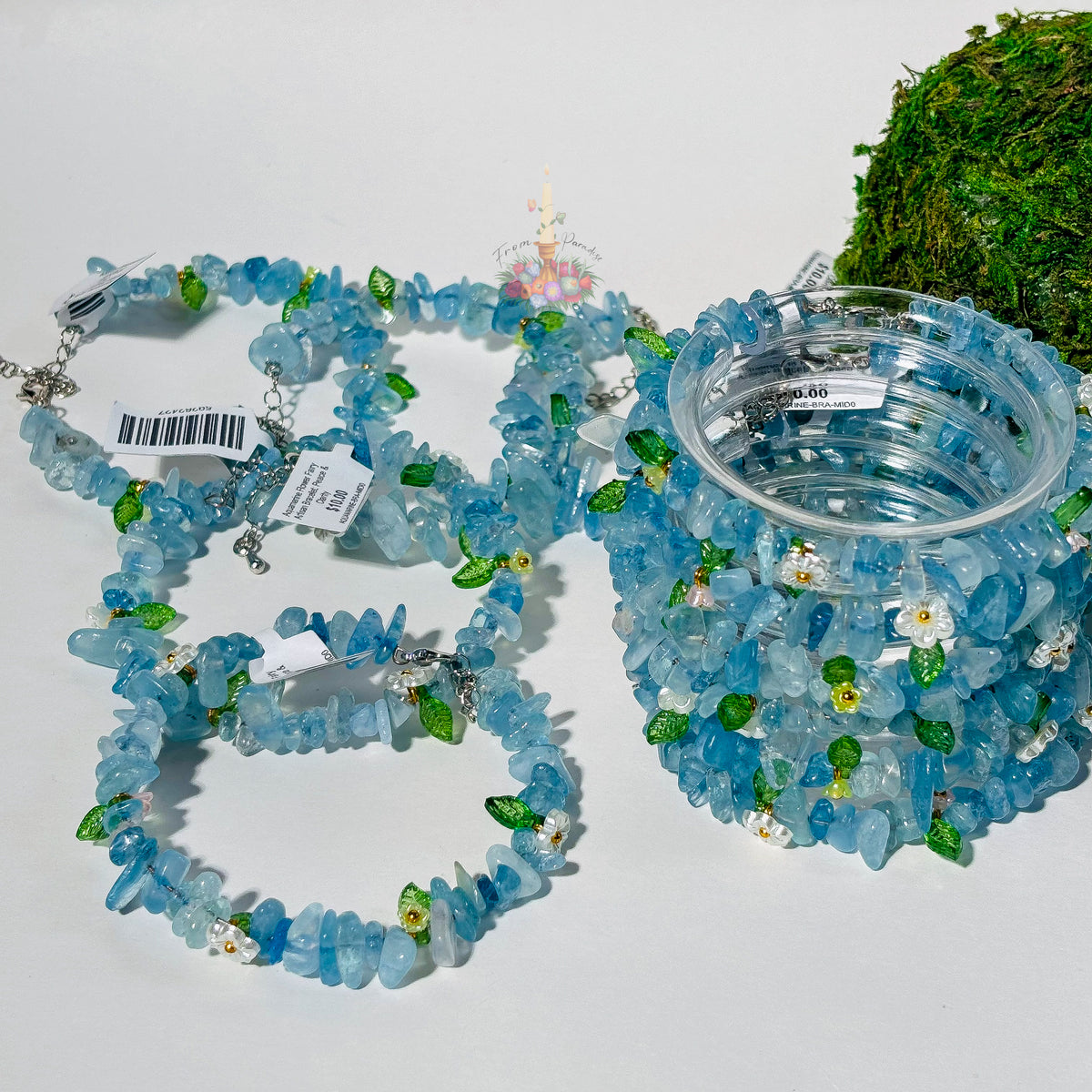 Aquamarine Flower Fairy Crystal Bracelets from From Paradise with blue beads and flower accents