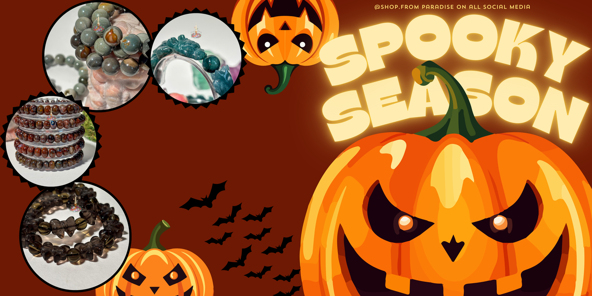 Halloween-themed promotional graphic with large carved pumpkin artwork, small bat silhouettes, and four circular inset photos showing beaded bracelets. The text 'Spooky Season' appears prominently on a dark brown background.