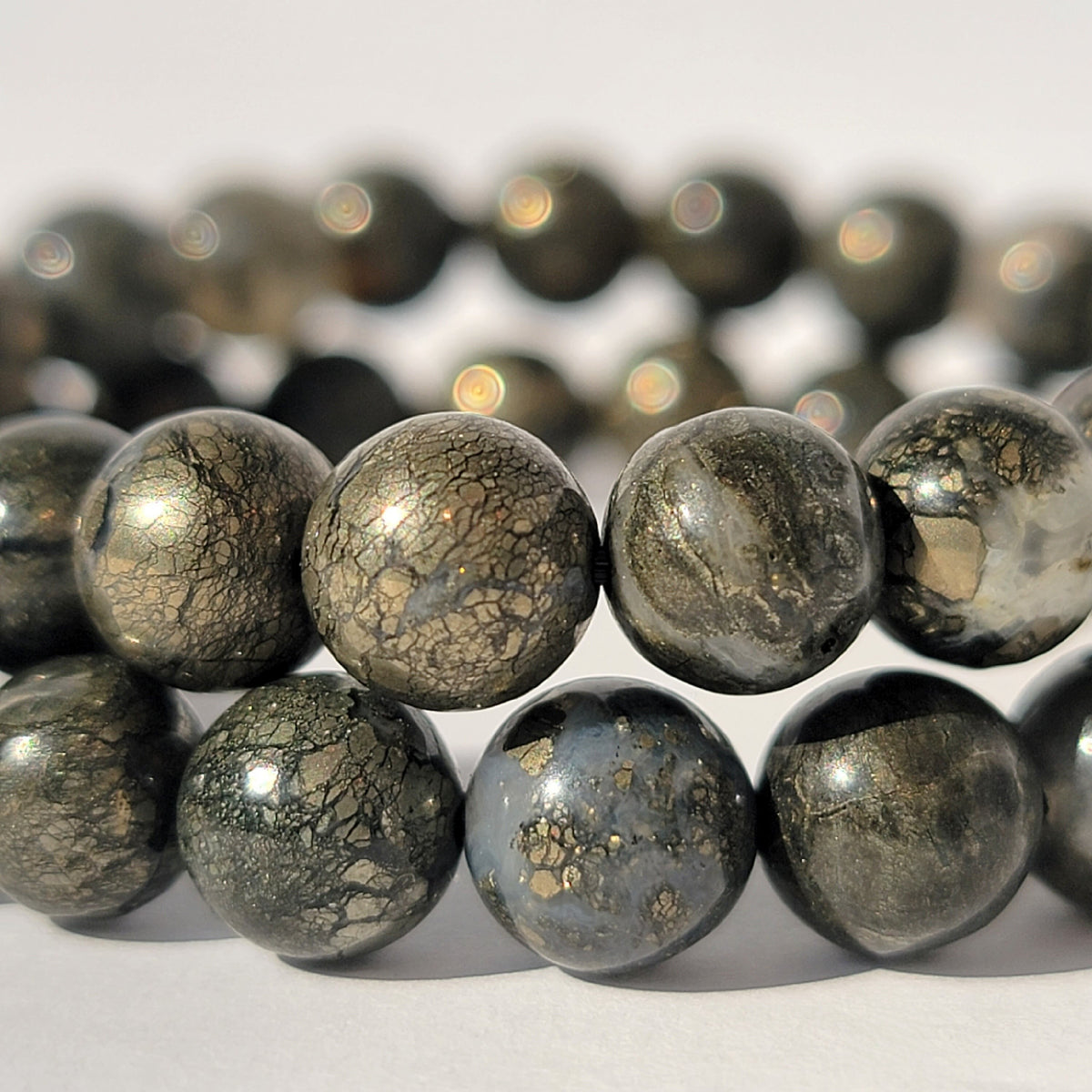 Rare Marcasite 8mm Gemstone Bracelet, Pyrite in Agate Crystal Bracelet, Spiritual Energy Jewelry, Genuine Nipomo Marcasite, Healer’s Gold