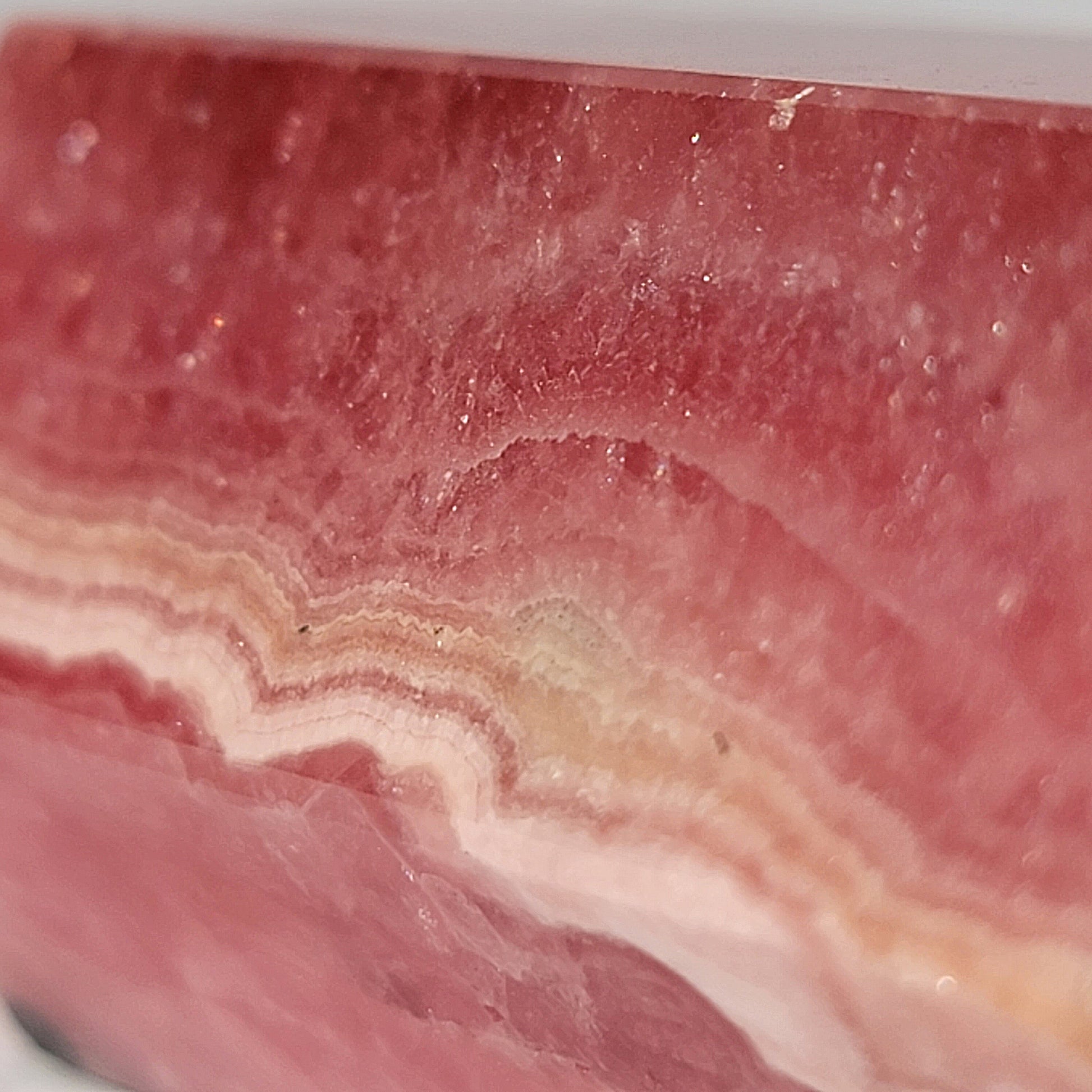 close up of crystal pattern rhodochrosite tower