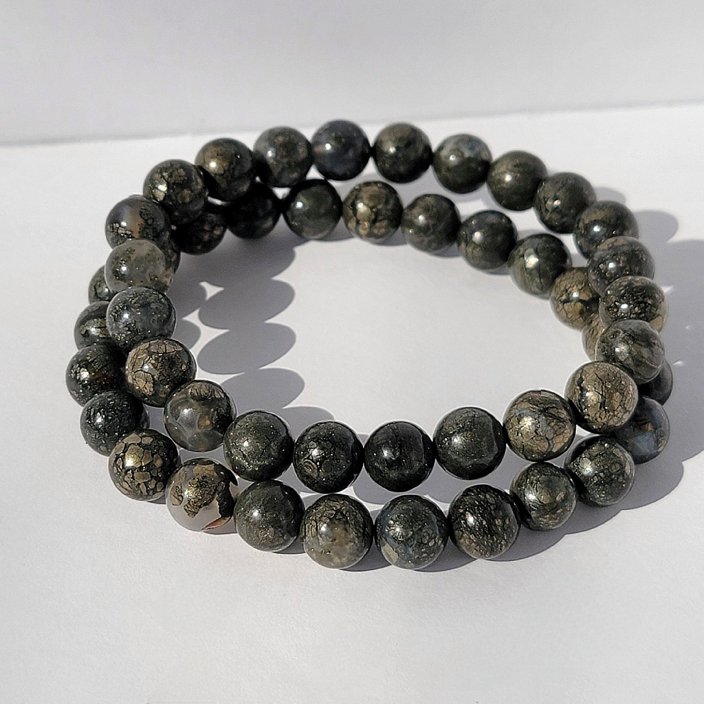 Rare Marcasite 8mm Gemstone Bracelet, Pyrite in Agate Crystal Bracelet, Spiritual Energy Jewelry, Genuine Nipomo Marcasite, Healer’s Gold