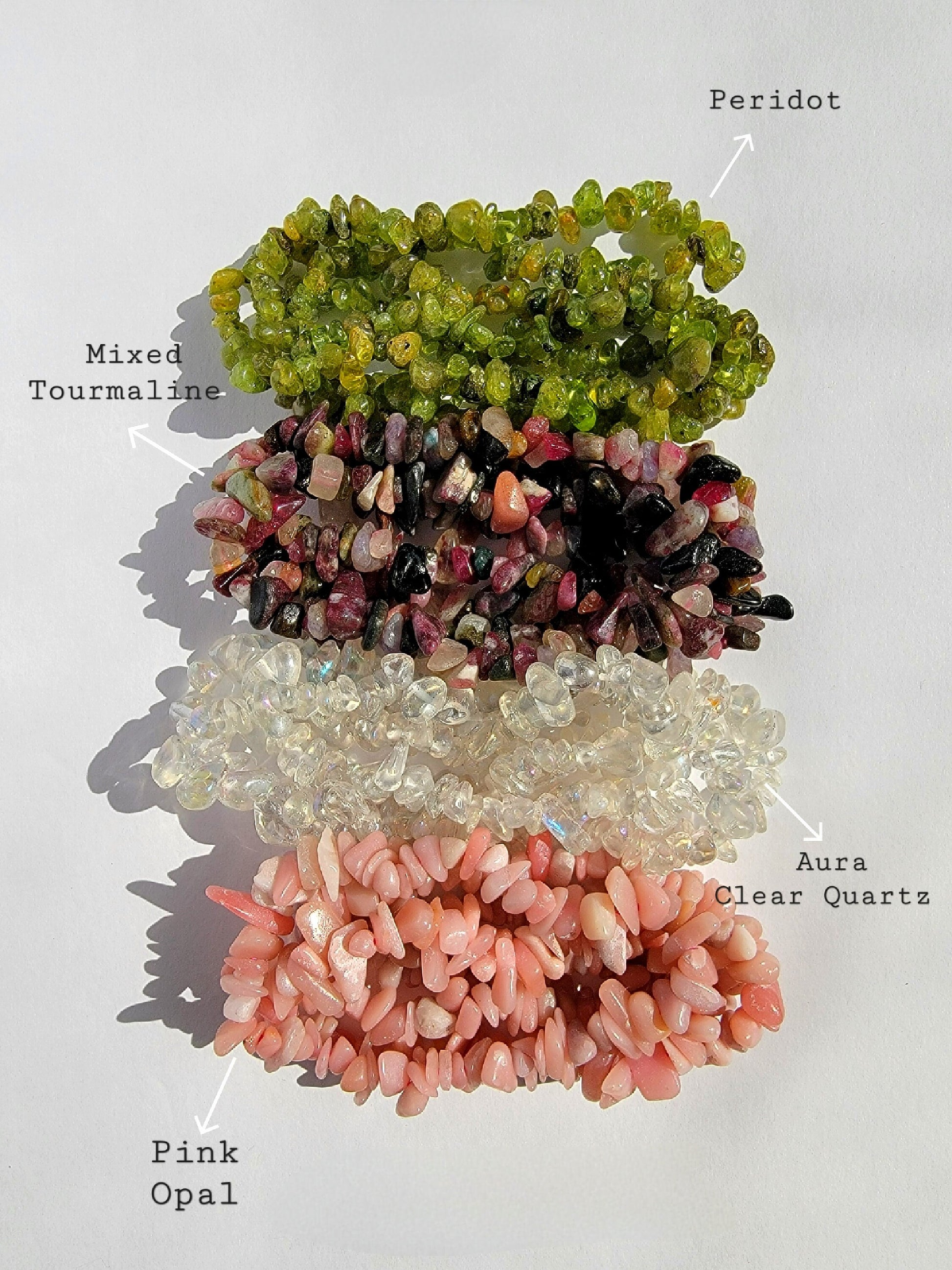 PERIDOT CRYSTAL CHIP STRETCH BRACELET WATERMELON TOURMALINE CRYSTAL CHIP BRACELET AURA CLEAR QUARTZ CRYSTAL CHIP BRACELET PINK OPAL CRYSTAL CHIP BRACELET