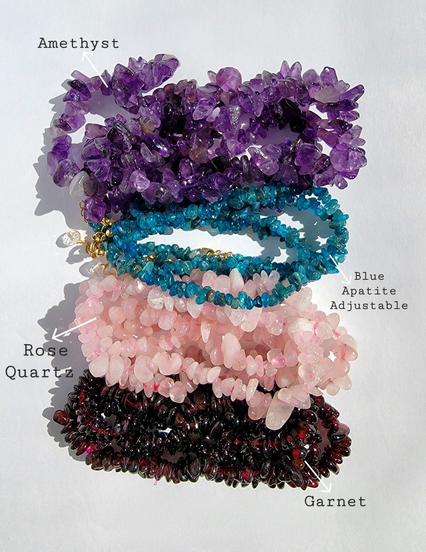 AMETHYST CRYSTAL CHIP BRACELET BLUE APATITE CRYSTAL CHIP BRACELET ROSE QUARTZ CRYSTAL CHIP STRETCH BRACELET GARNET CRYSTAL CHIP BRACELET