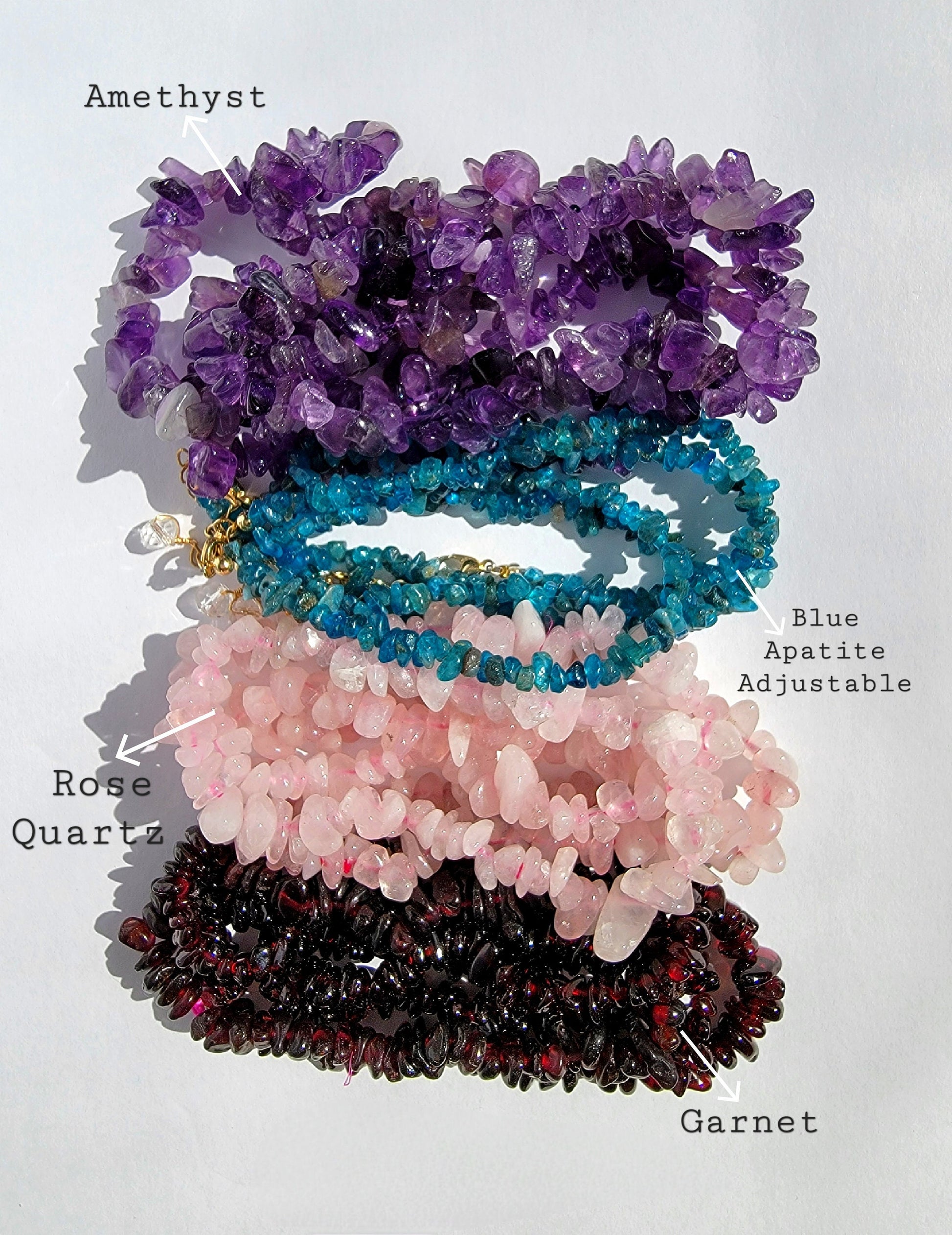 AMETHYST CRYSTAL CHIP BRACELET BLUE APATITE CRYSTAL CHIP BRACELET ROSE QUARTZ CRYSTAL CHIP STRETCH BRACELET GARNET CRYSTAL CHIP BRACELET