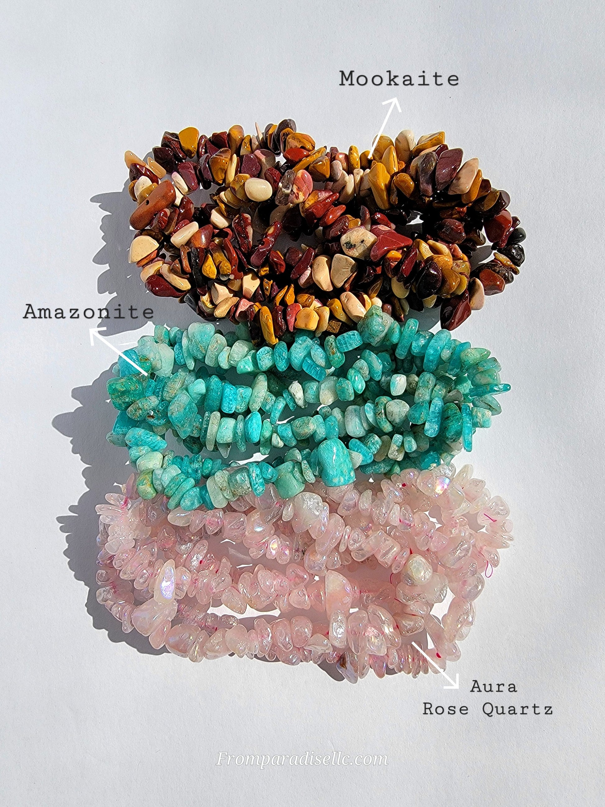 MOOKAITE CRYSTAL CHIP STRETCH BRACELET AMAZONITE BRACELET AURA ROSE QUARTZ BRACELET