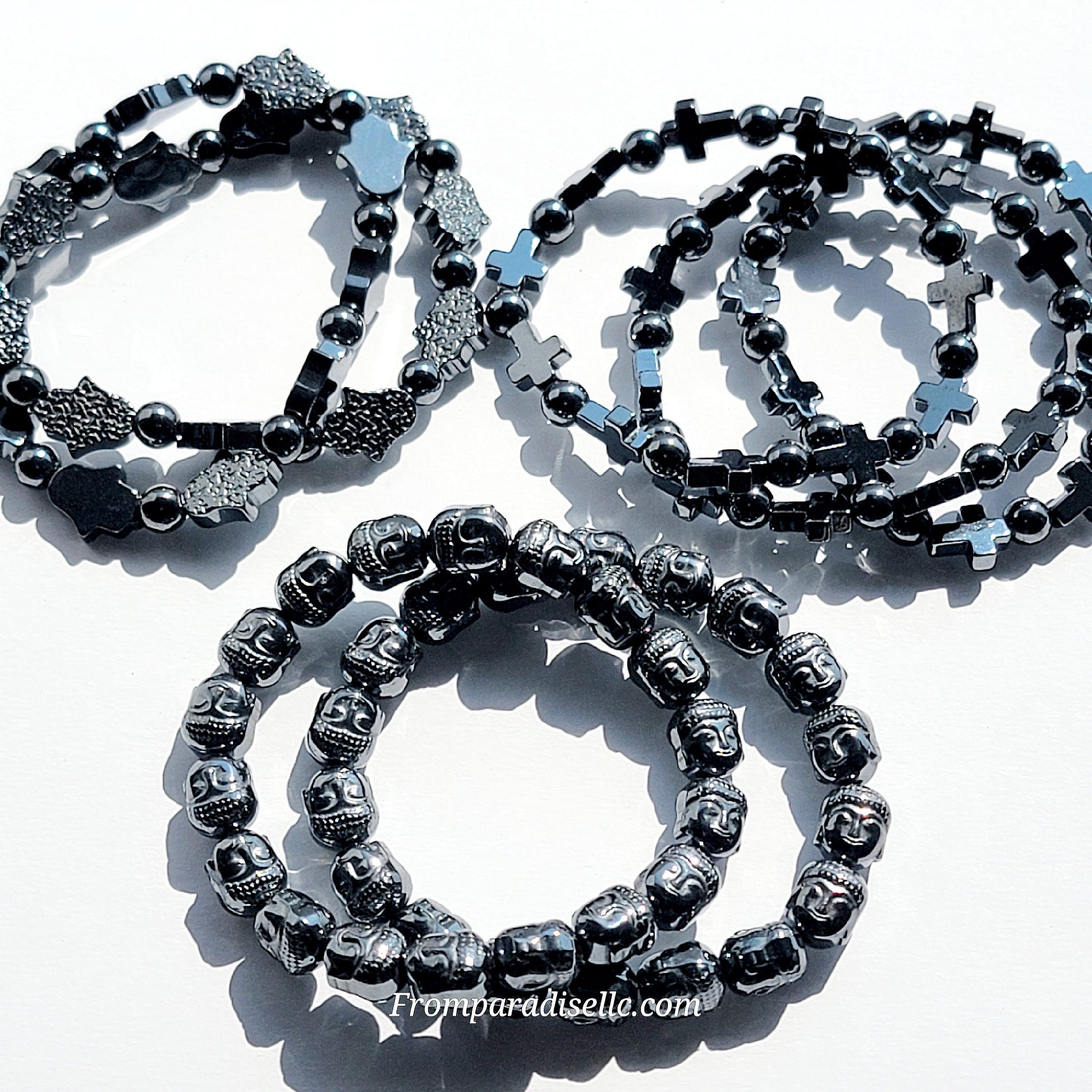 hematite mineral bracelet against white background