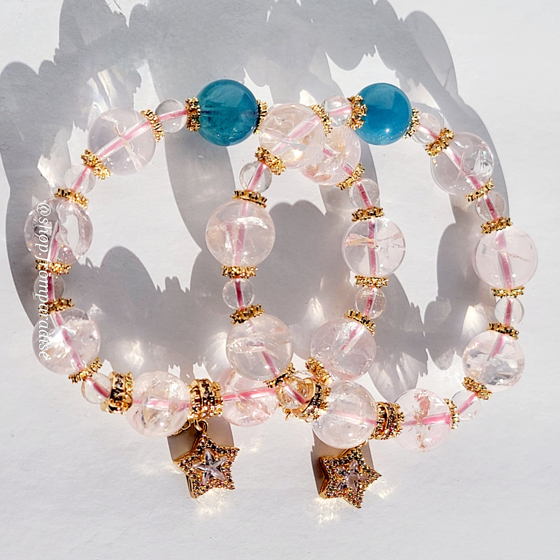 Rose Quartz and Aquamarine Star Charm Handmade Crystal Women Bracelet
