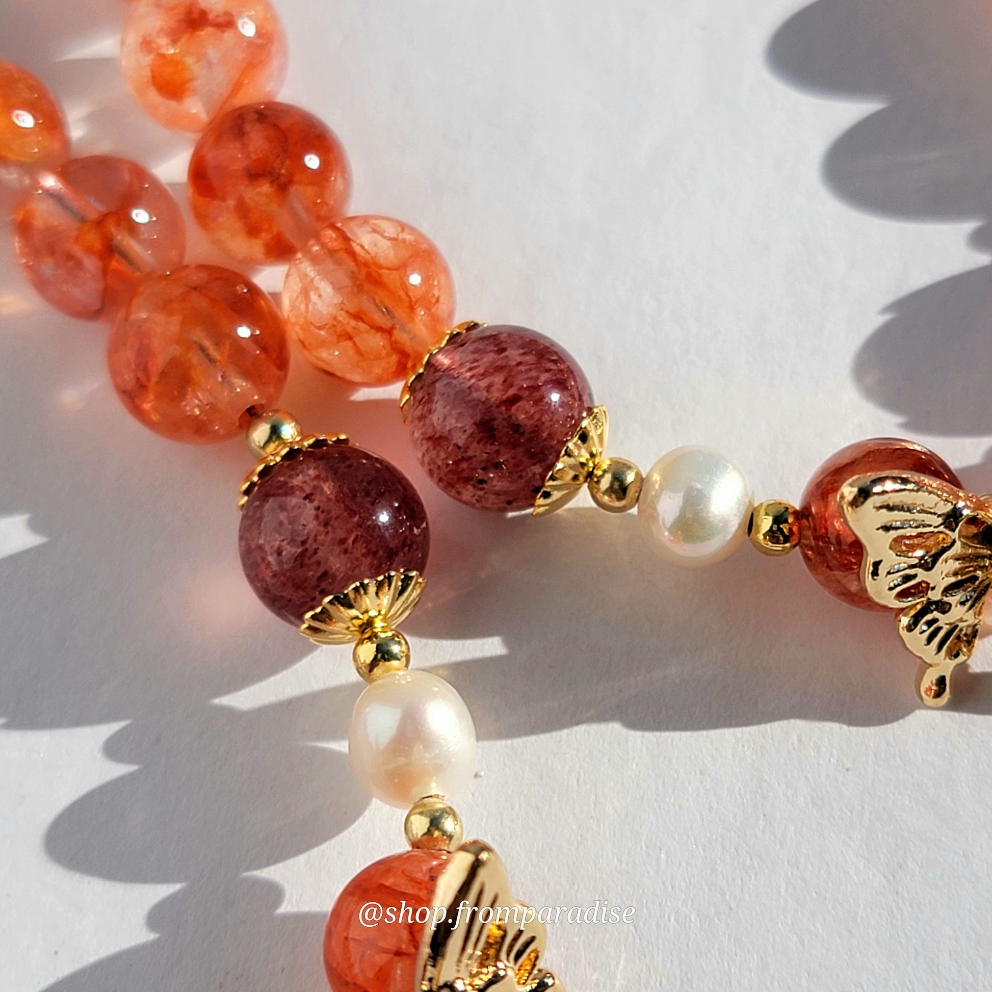 Fire Quartz and Strawberry Quartz Butterfly Charm Magnetic Crystal Bracelet
