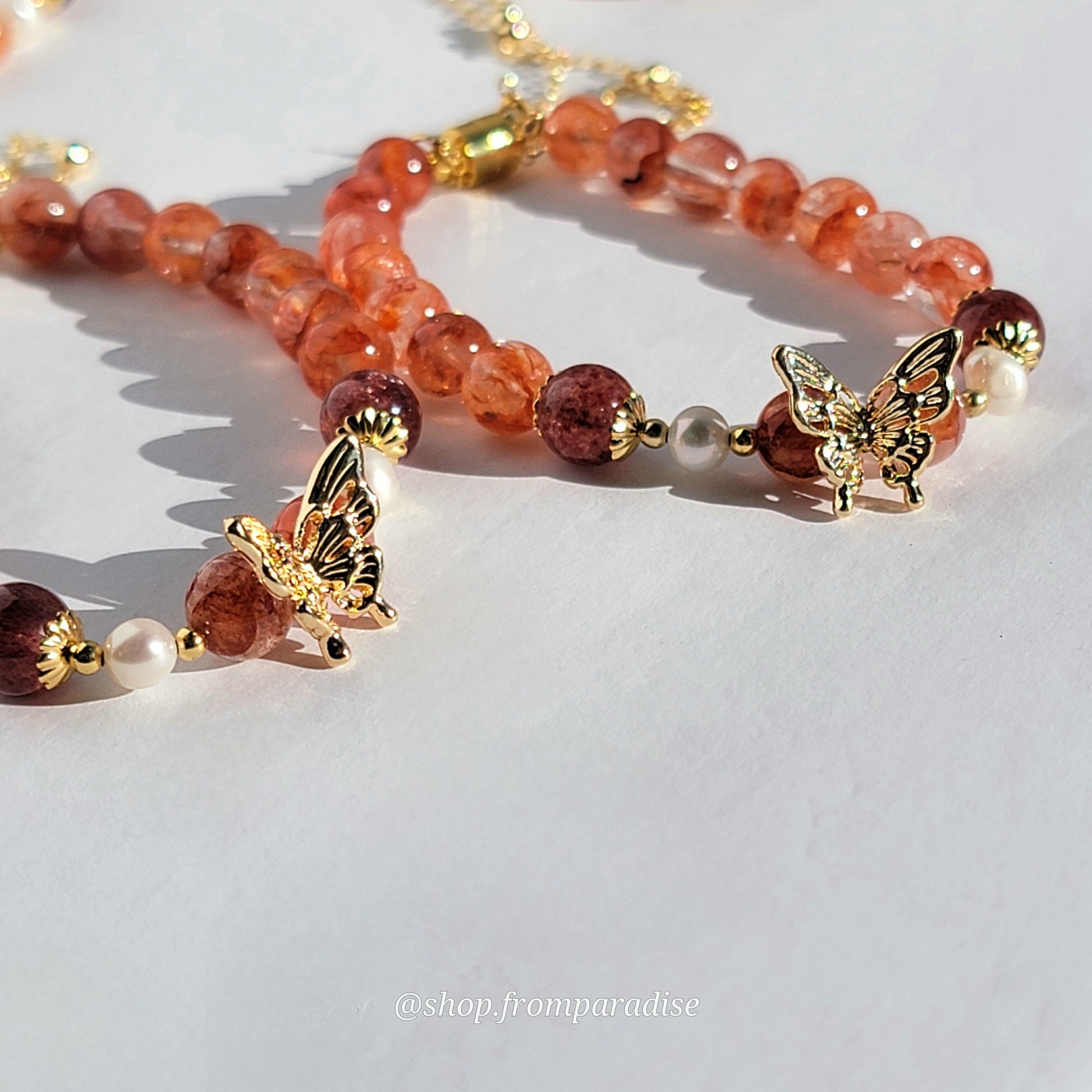 Fire Quartz and Strawberry Quartz Butterfly Charm Magnetic Crystal Bracelet