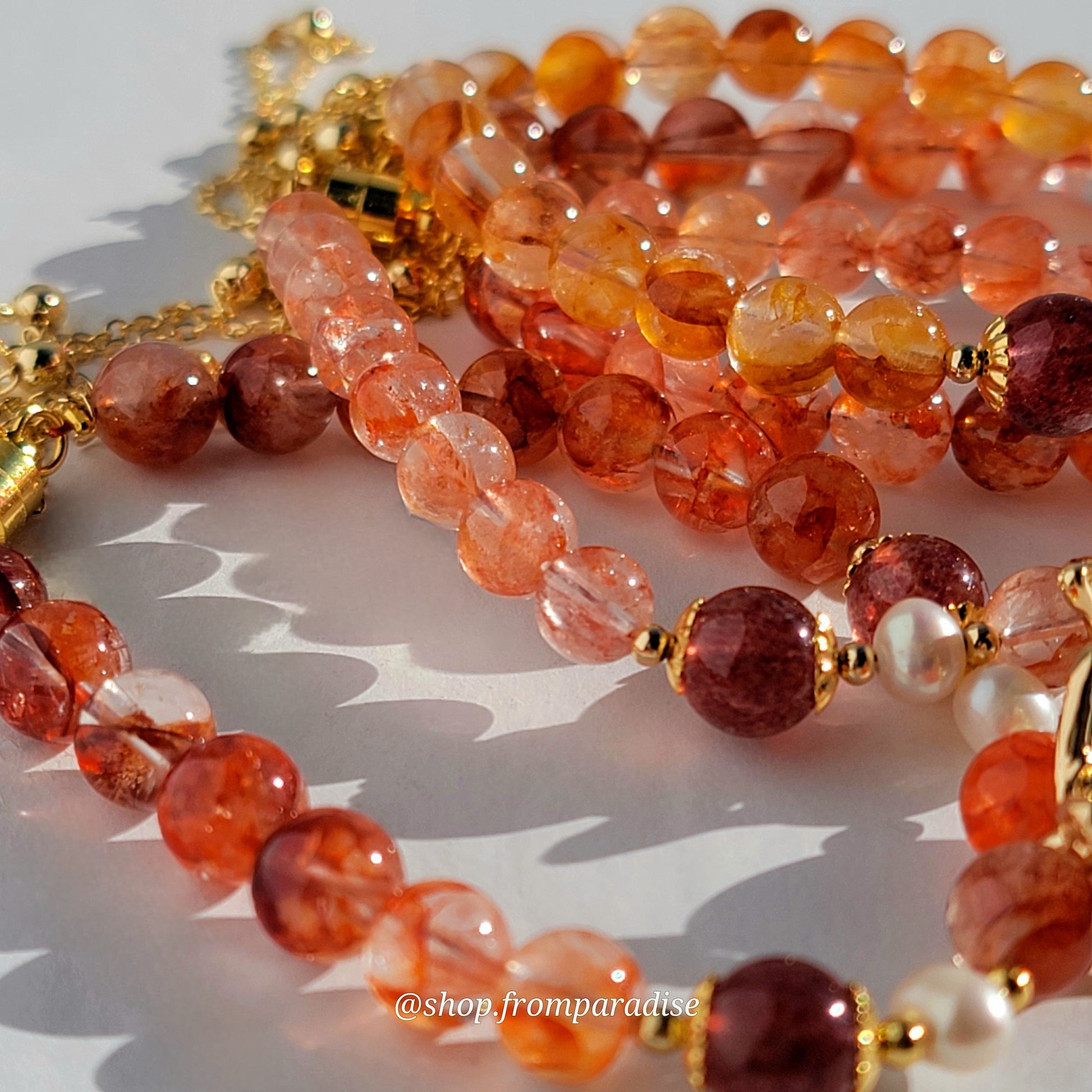 Fire Quartz and Strawberry Quartz Butterfly Charm Magnetic Crystal Bracelet