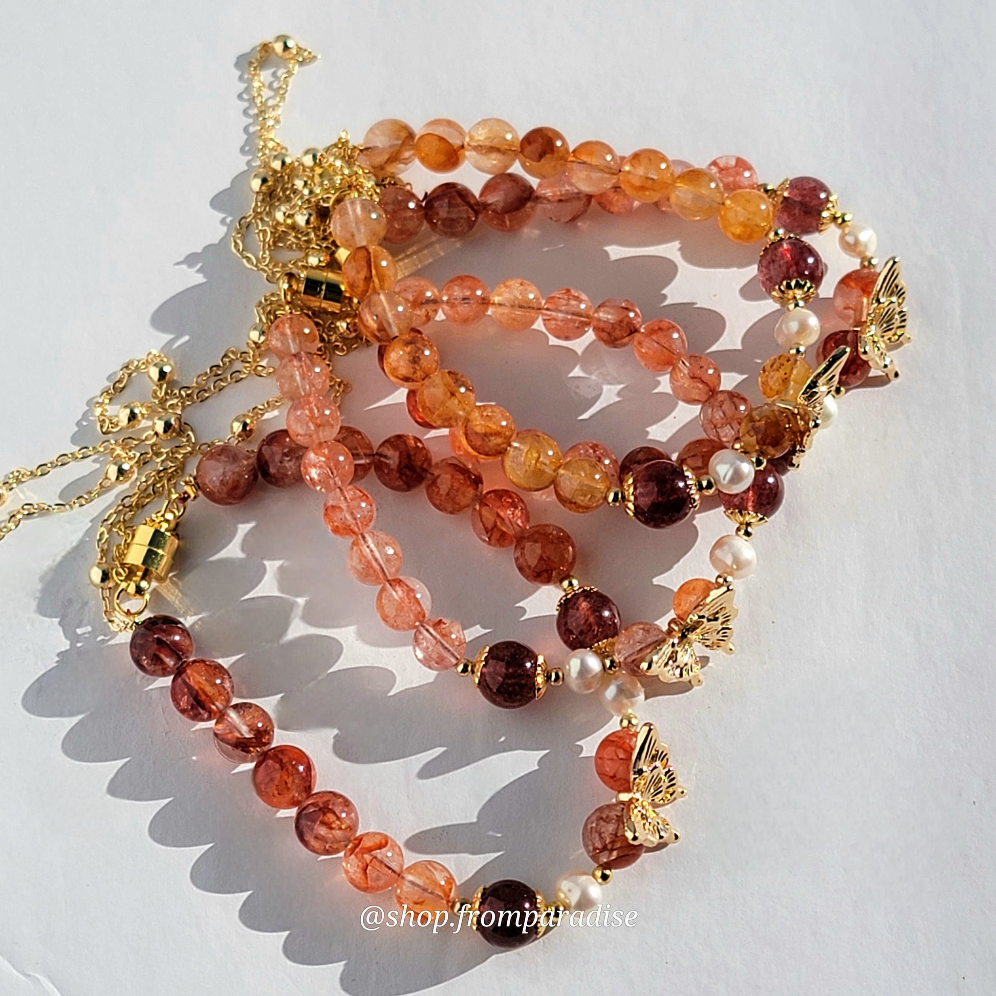 Fire Quartz and Strawberry Quartz Butterfly Charm Magnetic Crystal Bracelet