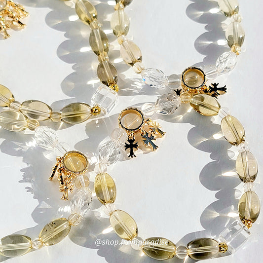 Citrine and Clear Quartz Cross Charm Crystal Bracelet