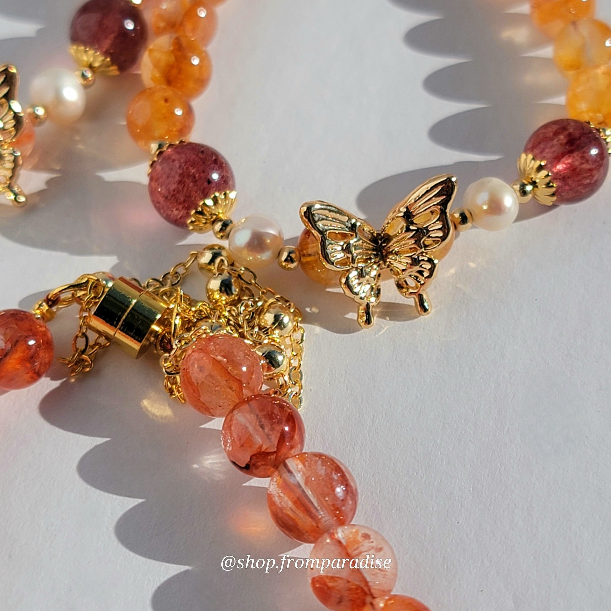 Fire Quartz and Strawberry Quartz Butterfly Charm Magnetic Crystal Bracelet