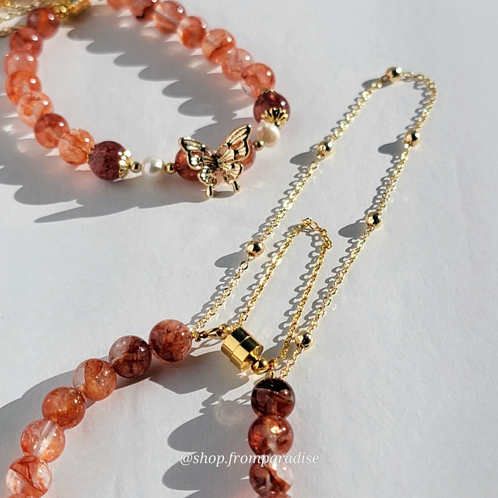 Fire Quartz and Strawberry Quartz Butterfly Charm Magnetic Crystal Bracelet