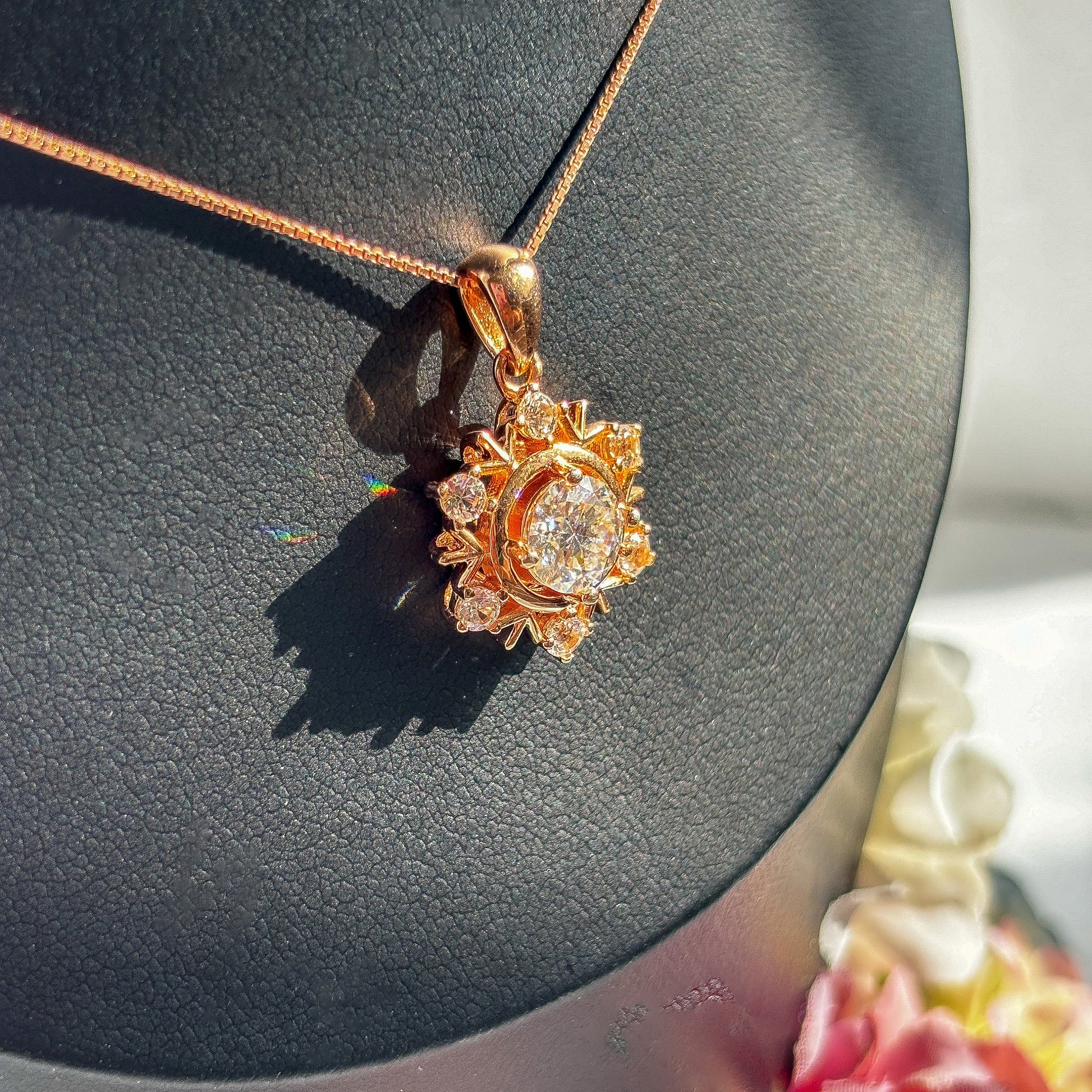Rose Gold Moissanite Snowflake Womens Necklace
