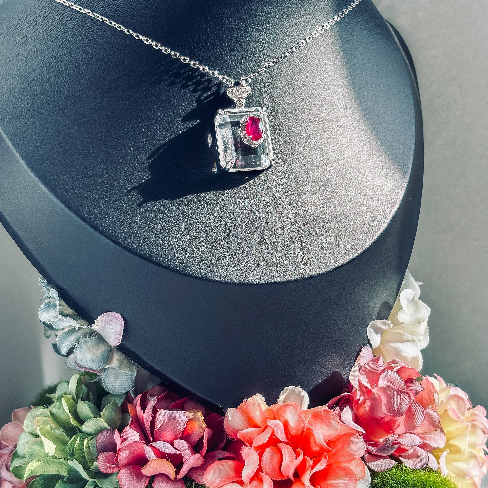 Ruby and Clear Quartz Sterling Silver Pendant Necklace