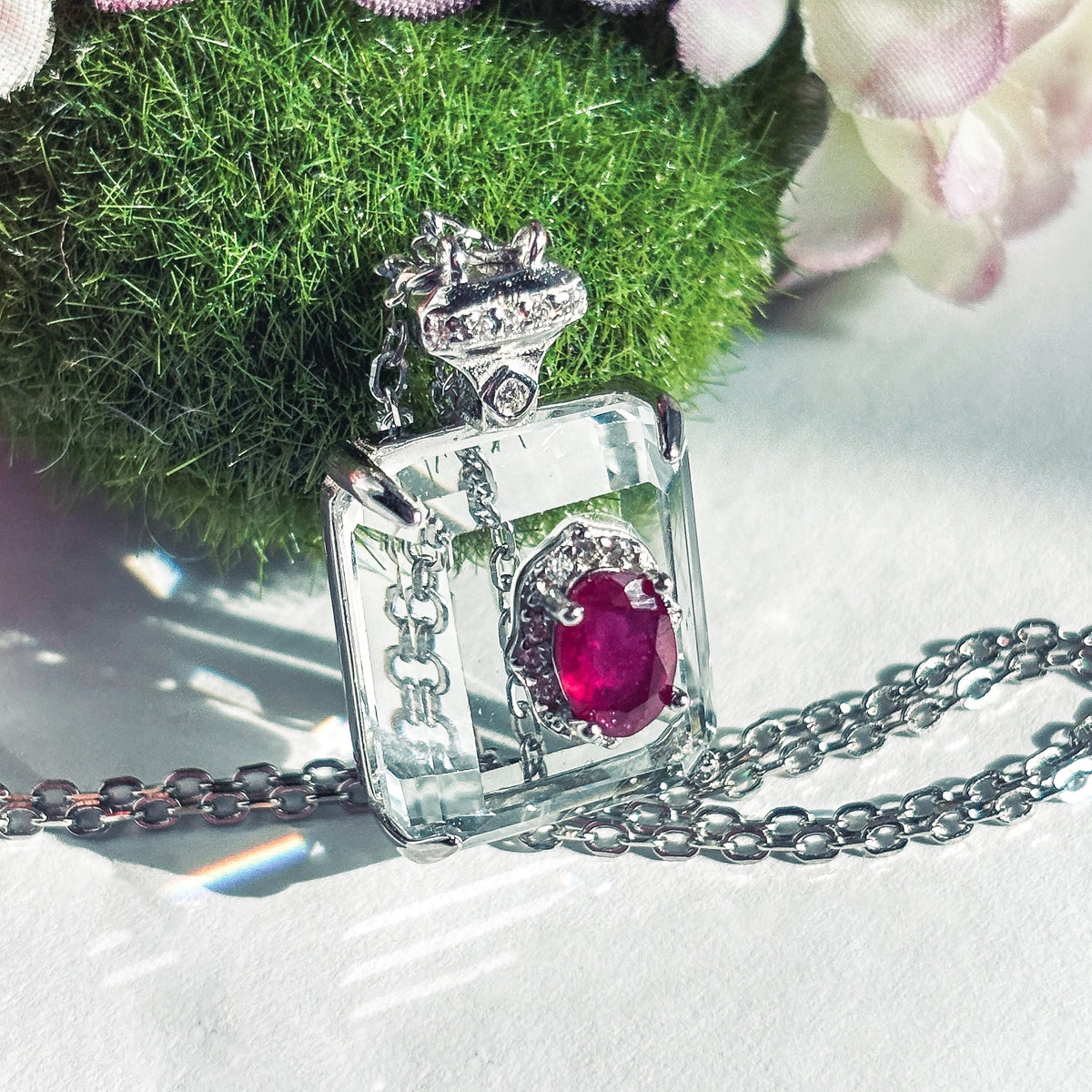 Ruby and Clear Quartz Sterling Silver Pendant Necklace