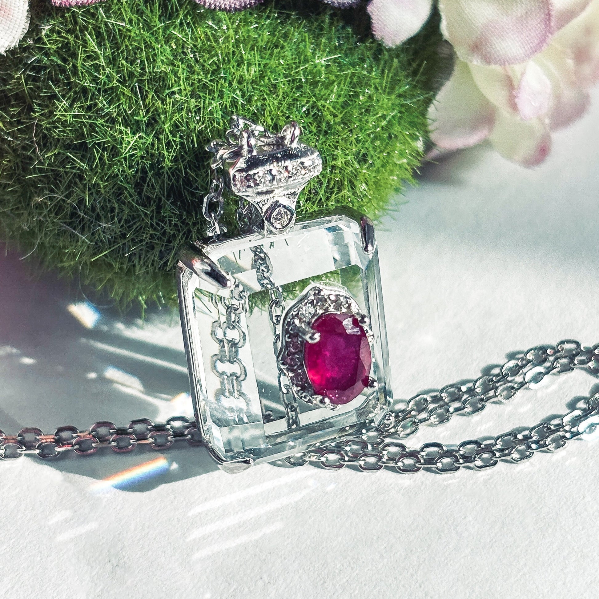 Ruby and Clear Quartz Sterling Silver Pendant Necklace