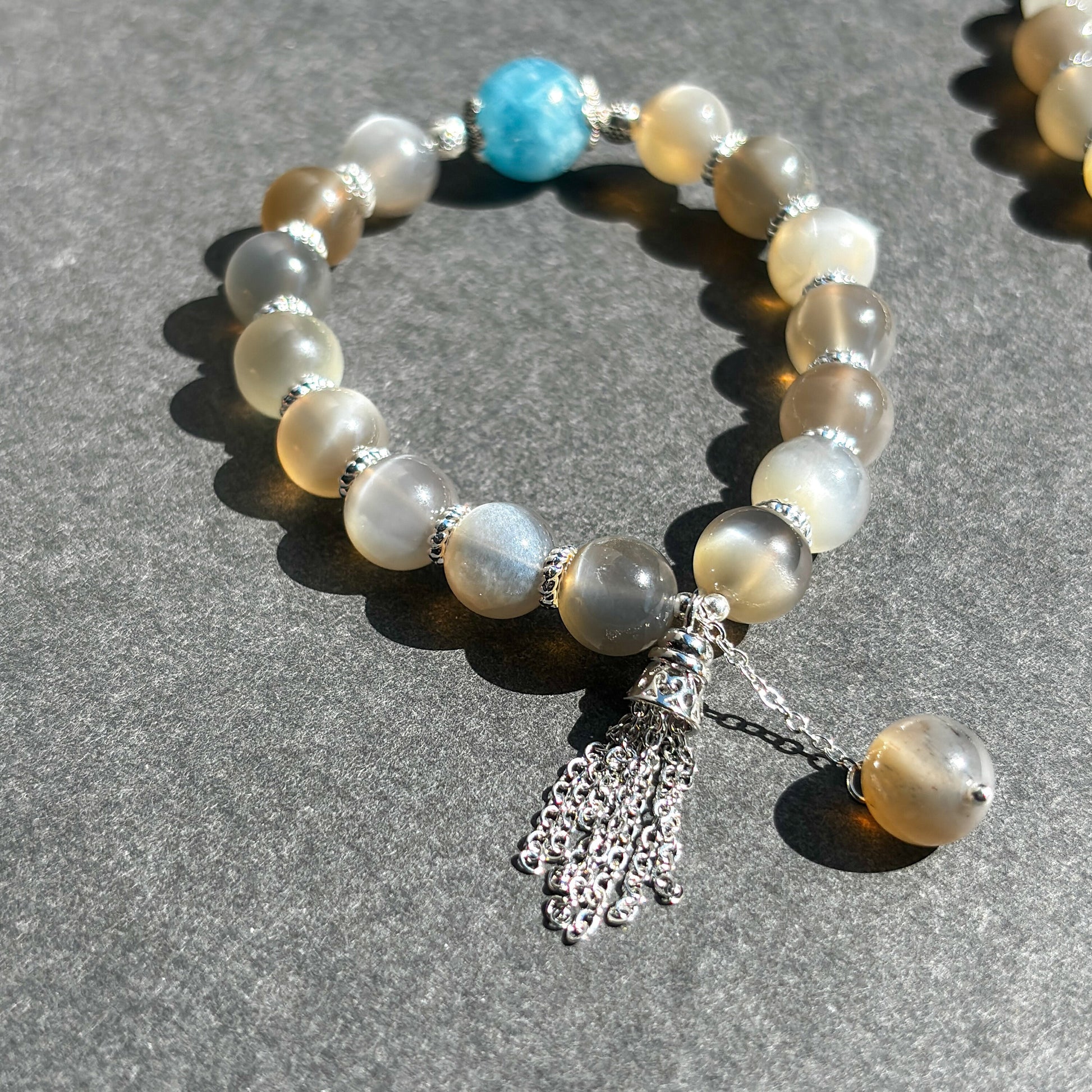 Gray Moonstone and Aquamarine Handmade Boho Chic Crystal Bracelet