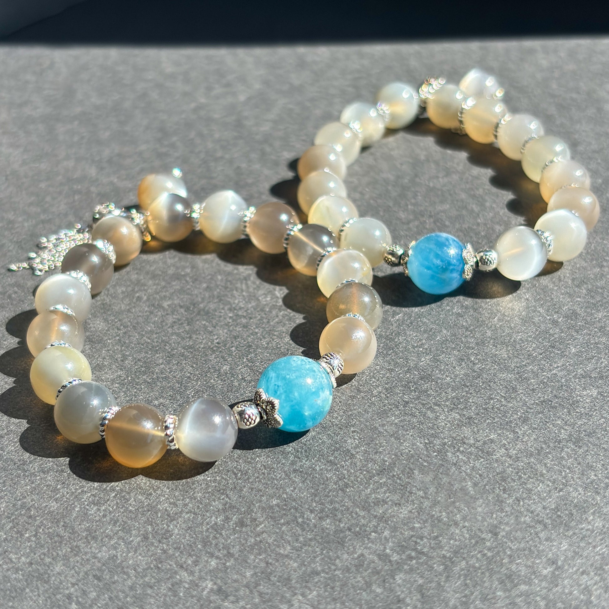 Gray Moonstone and Aquamarine Handmade Boho Chic Crystal Bracelet