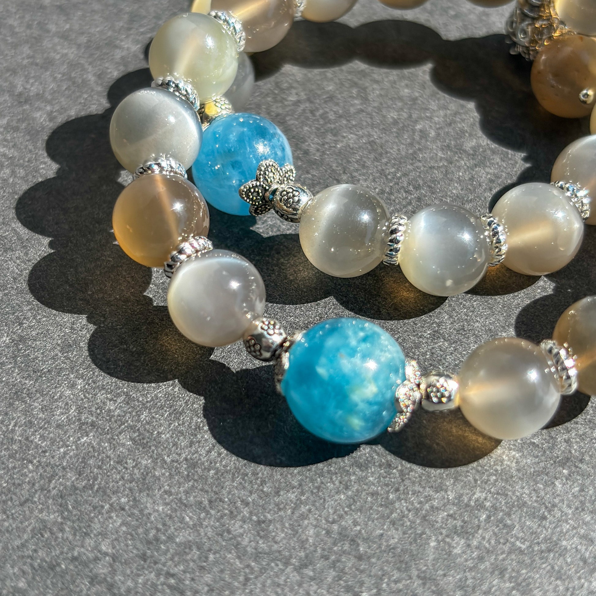 Gray Moonstone and Aquamarine Handmade Boho Chic Crystal Bracelet