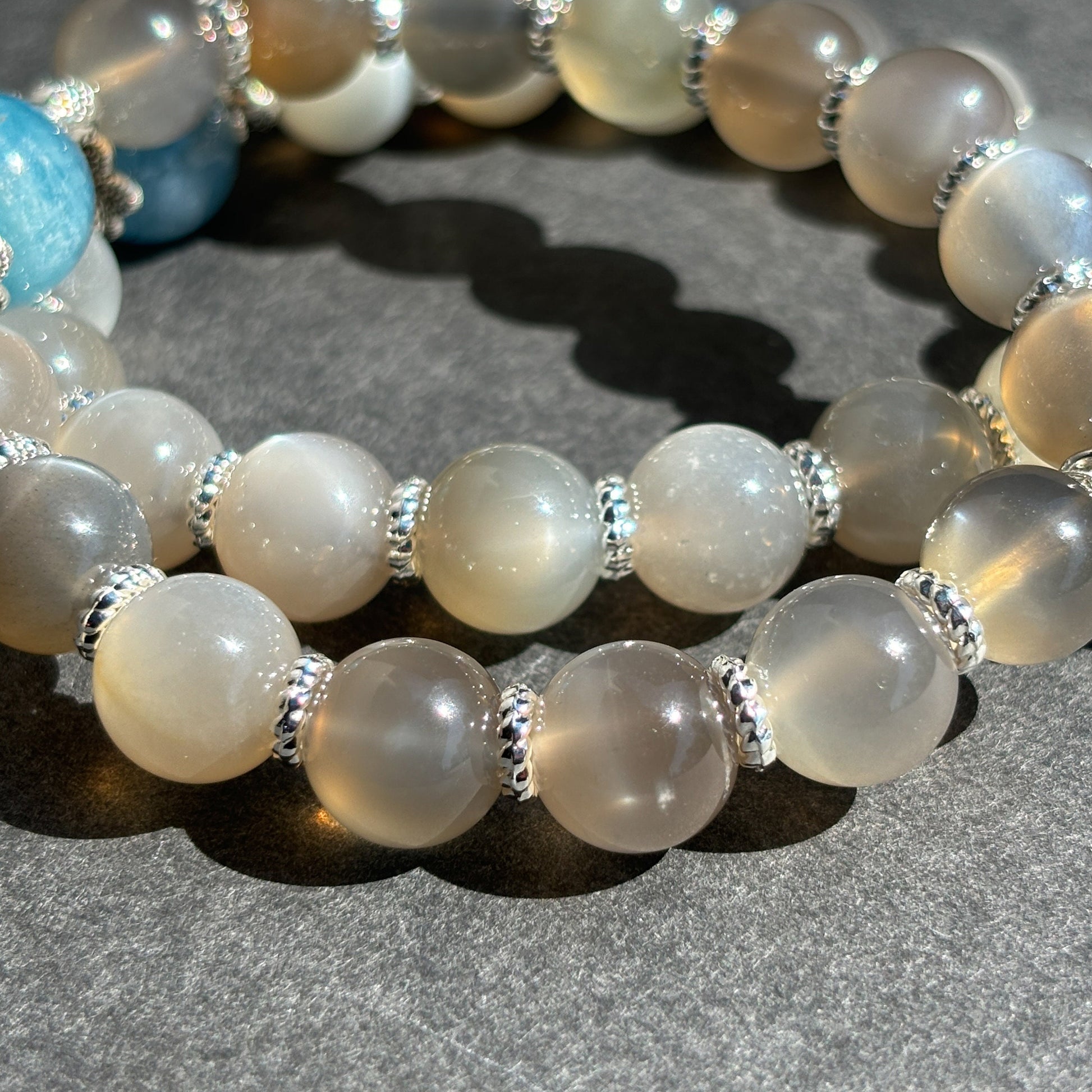 Gray Moonstone and Aquamarine Handmade Boho Chic Crystal Bracelet