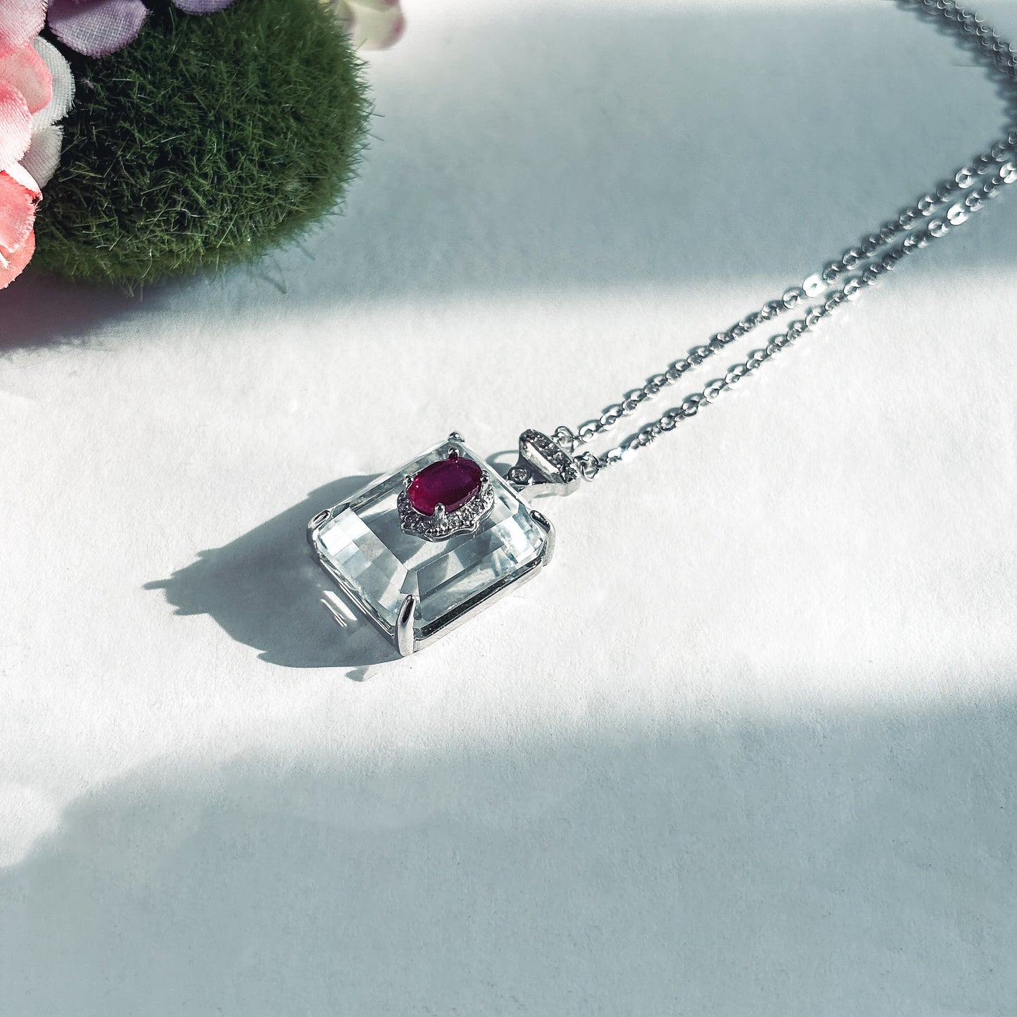 Ruby and Clear Quartz Sterling Silver Pendant Necklace