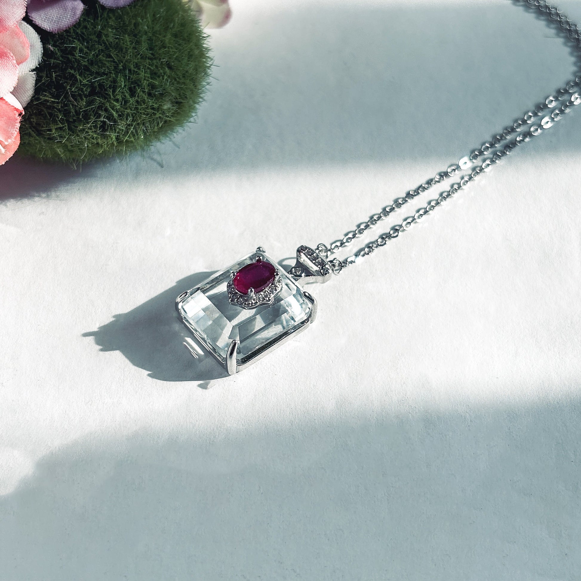 Ruby and Clear Quartz Sterling Silver Pendant Necklace