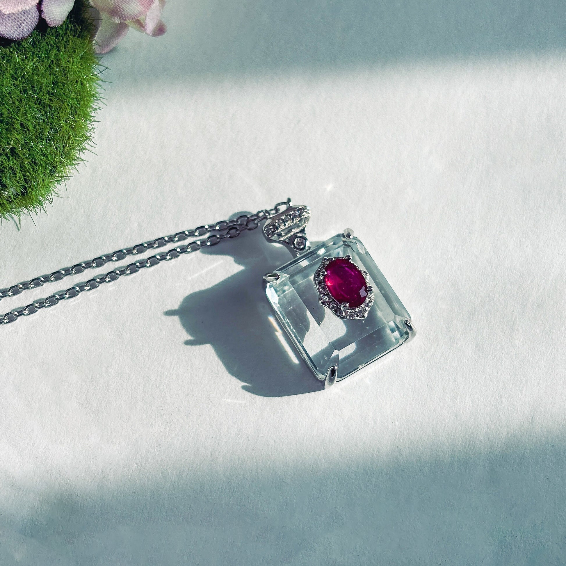Ruby and Clear Quartz Sterling Silver Pendant Necklace
