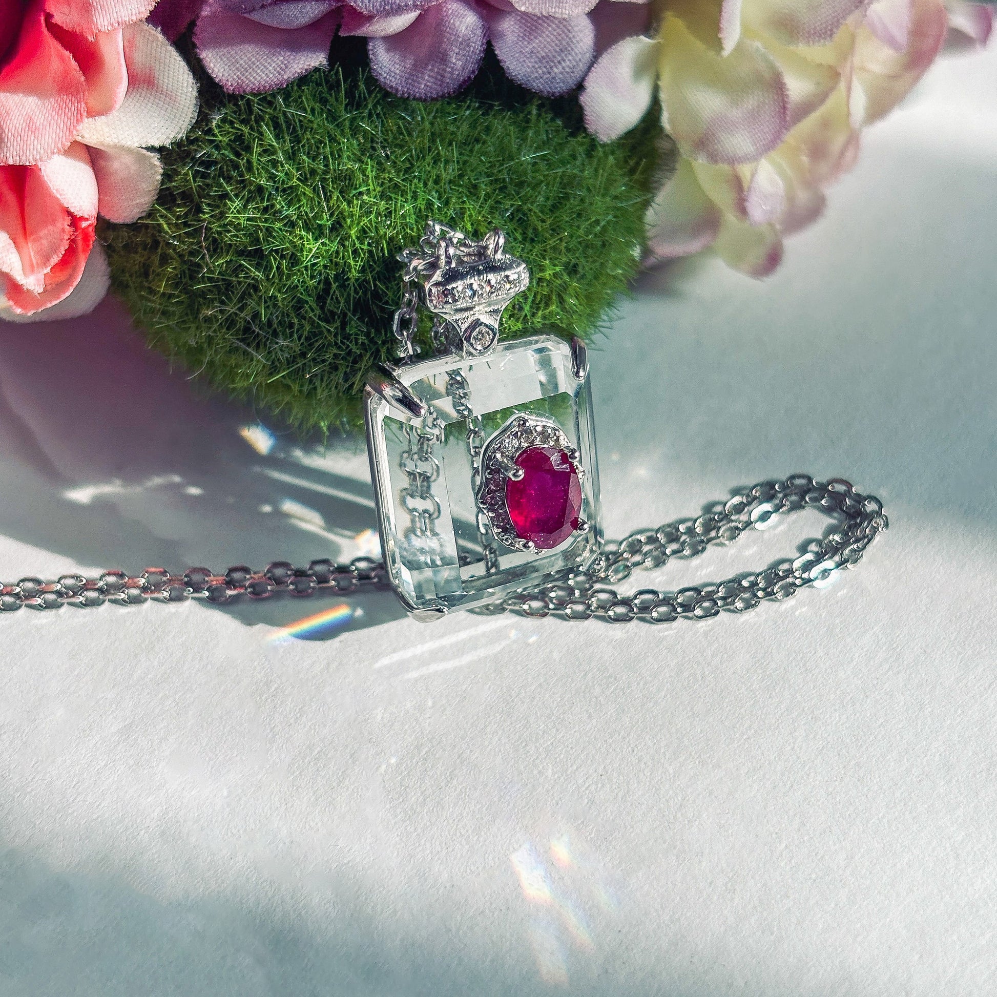 Ruby and Clear Quartz Sterling Silver Pendant Necklace