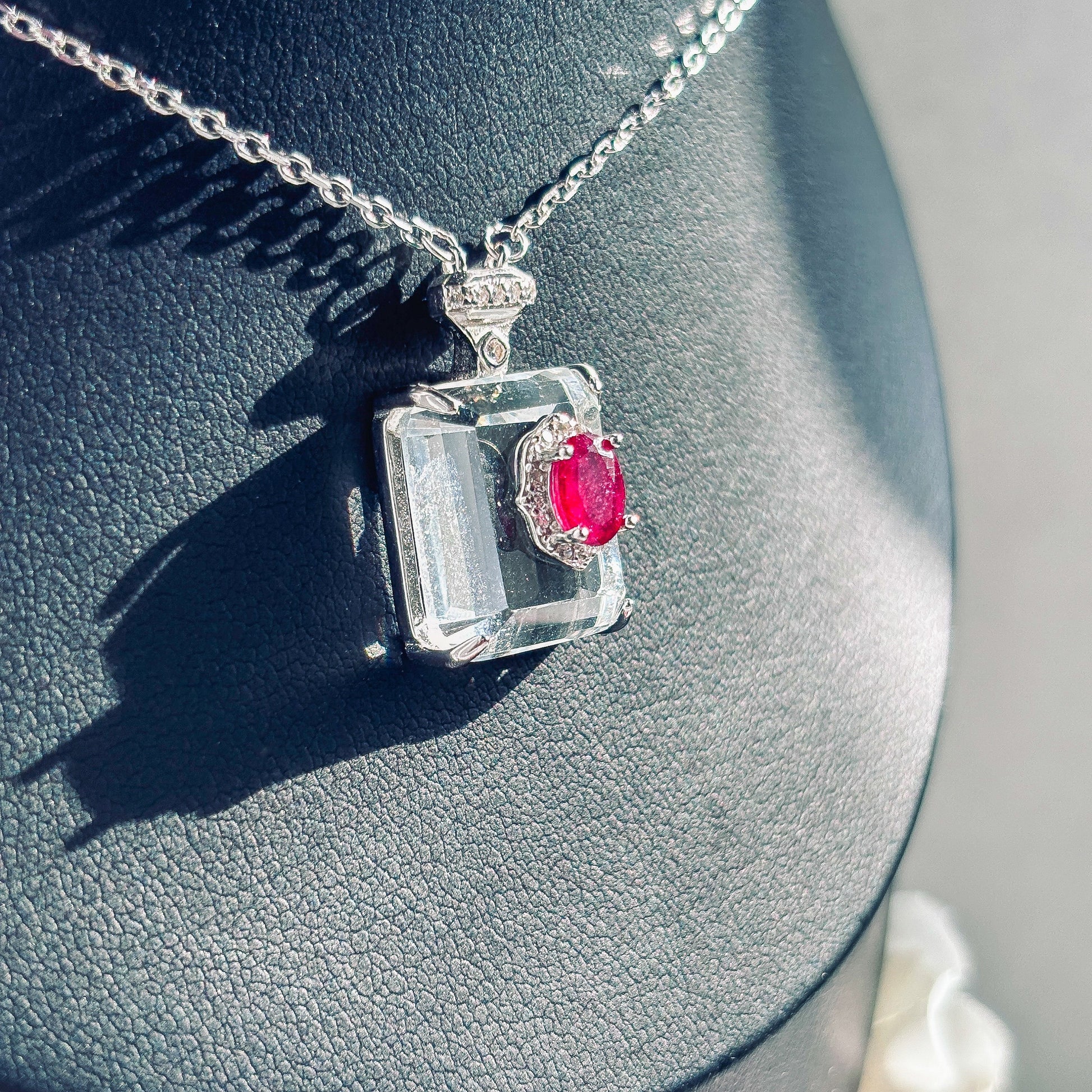 Ruby and Clear Quartz Sterling Silver Pendant Necklace