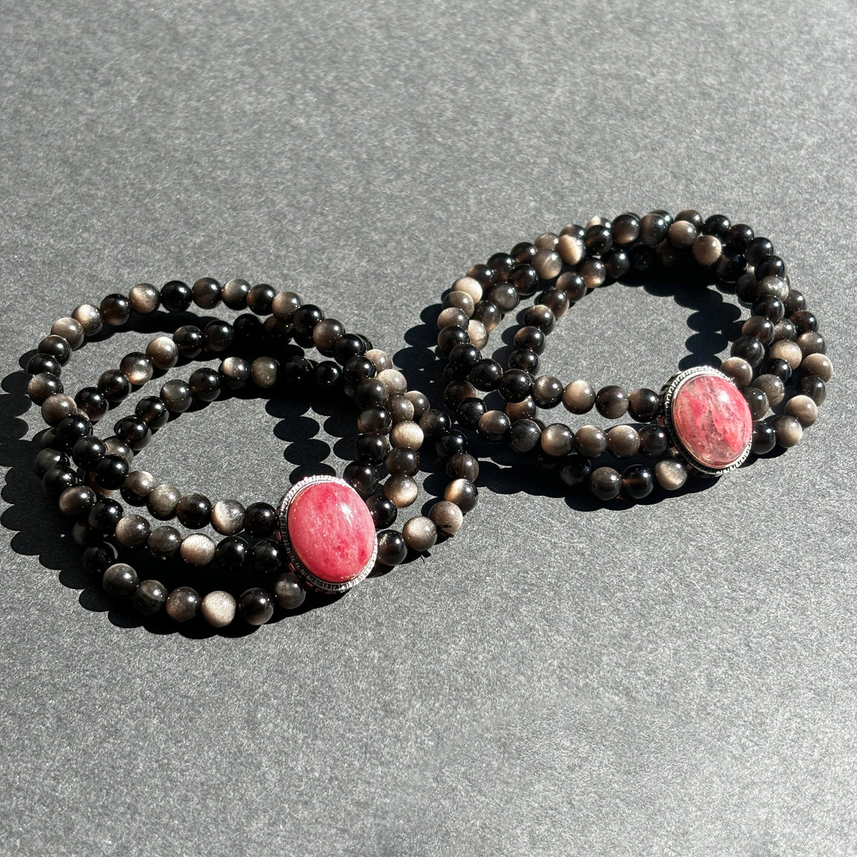Silver Sheen Obsidian and Rhodonite Vintage Styled Crystal Bracelet