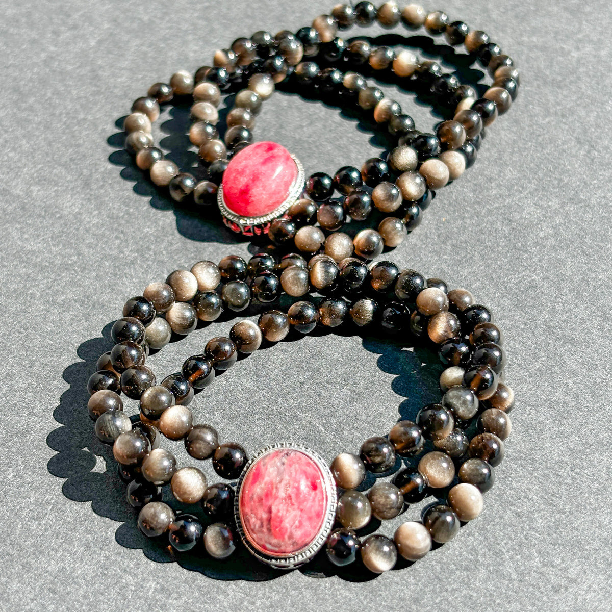 Silver Sheen Obsidian and Rhodonite Vintage Styled Crystal Bracelet