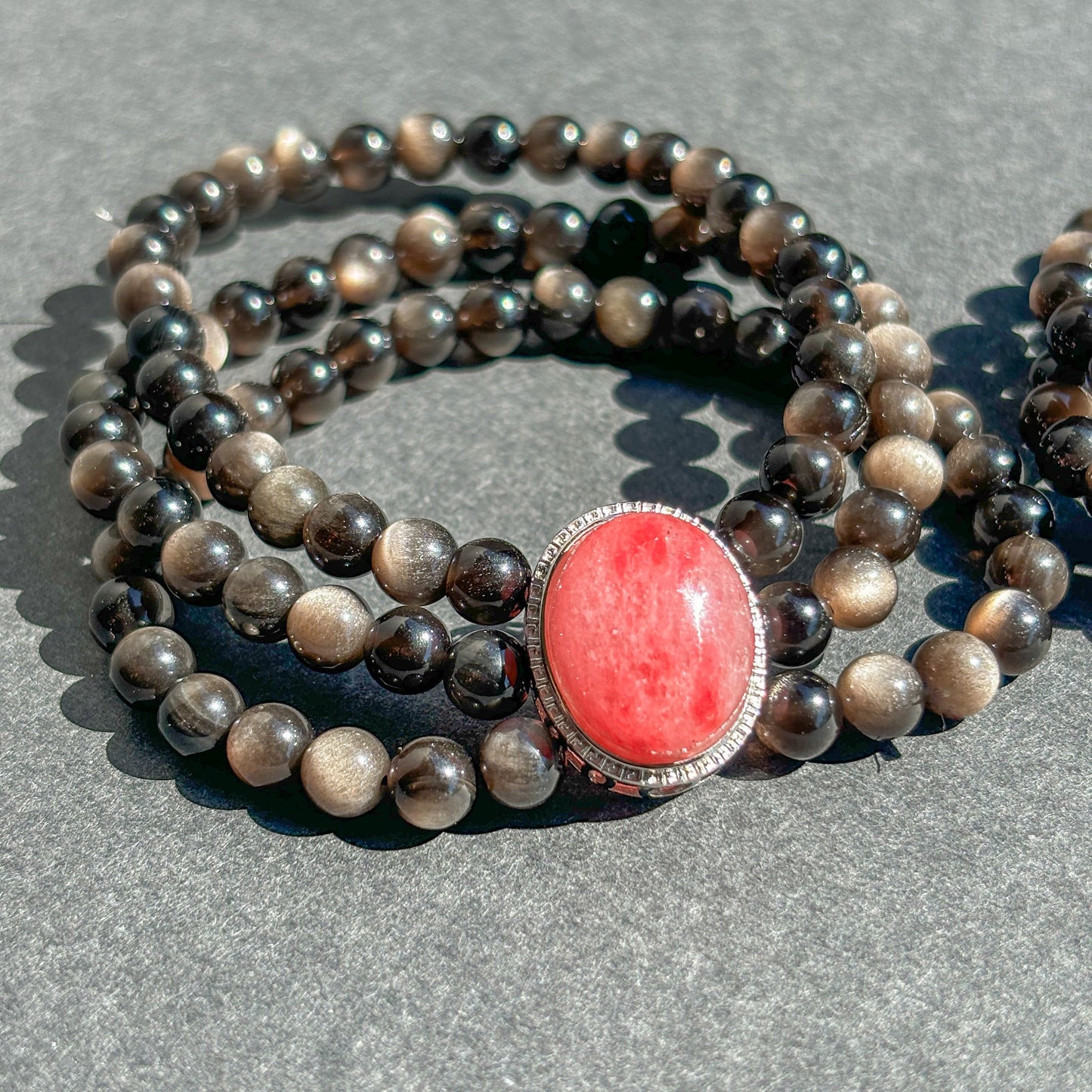 Silver Sheen Obsidian and Rhodonite Vintage Styled Crystal Bracelet