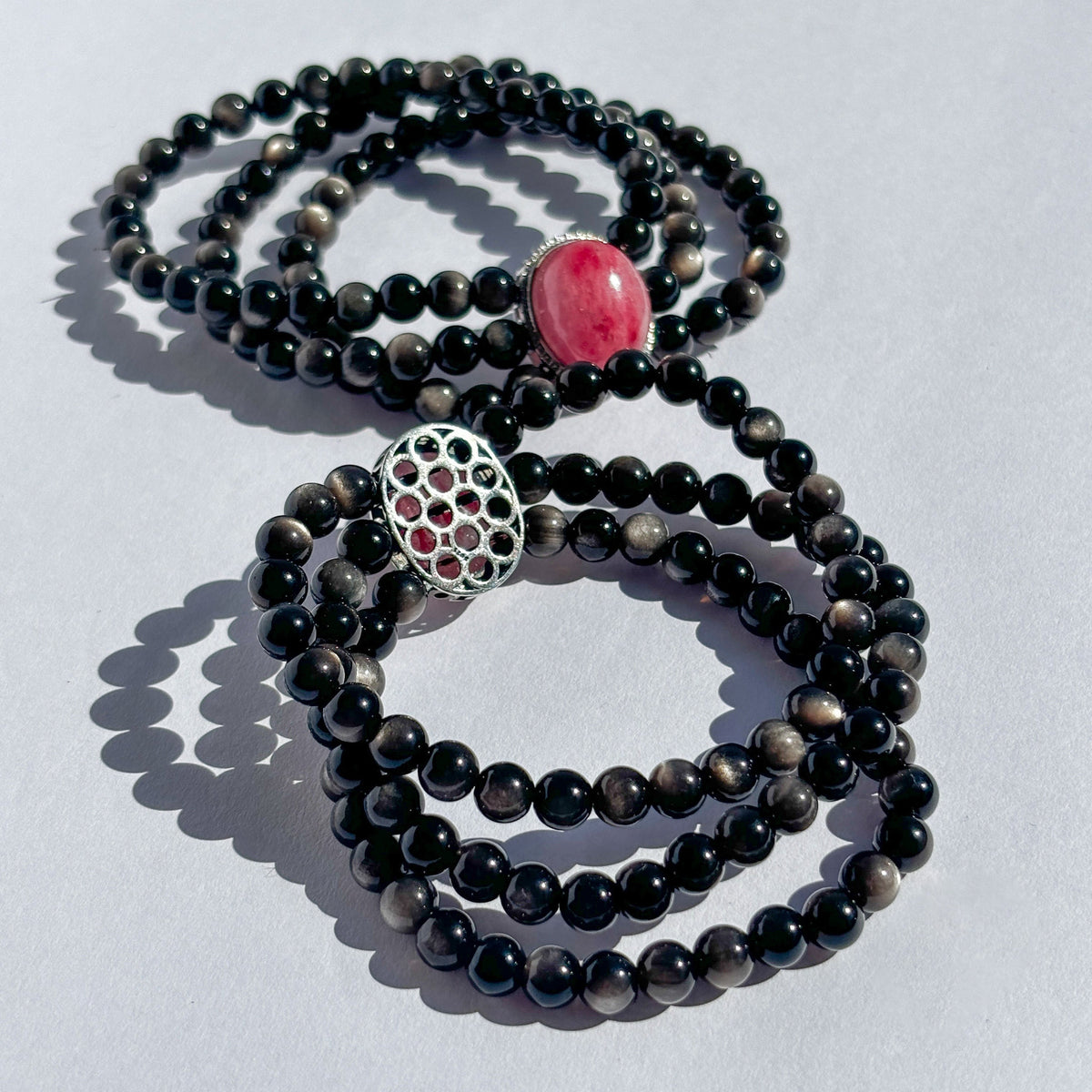 Silver Sheen Obsidian and Rhodonite Vintage Styled Crystal Bracelet