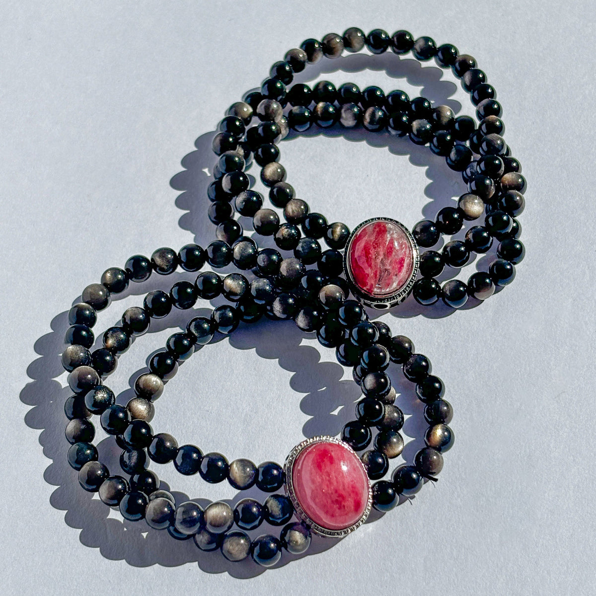 Silver Sheen Obsidian and Rhodonite Vintage Styled Crystal Bracelet