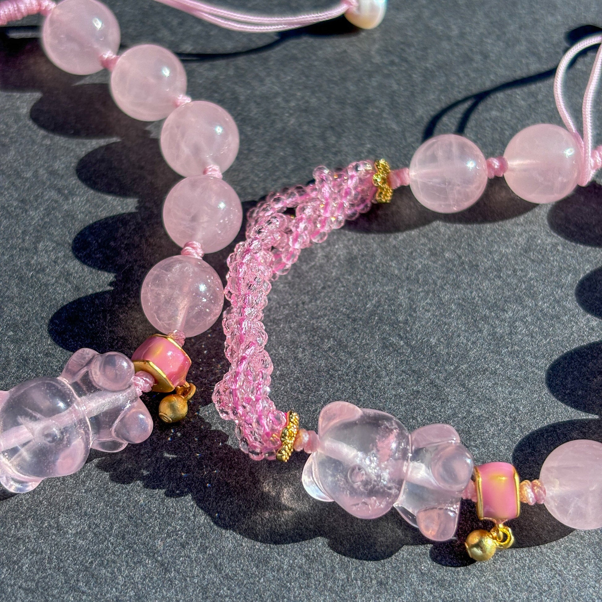 Cute Teddy Bear Rose Quartz Crystal Adjustable Bracelet