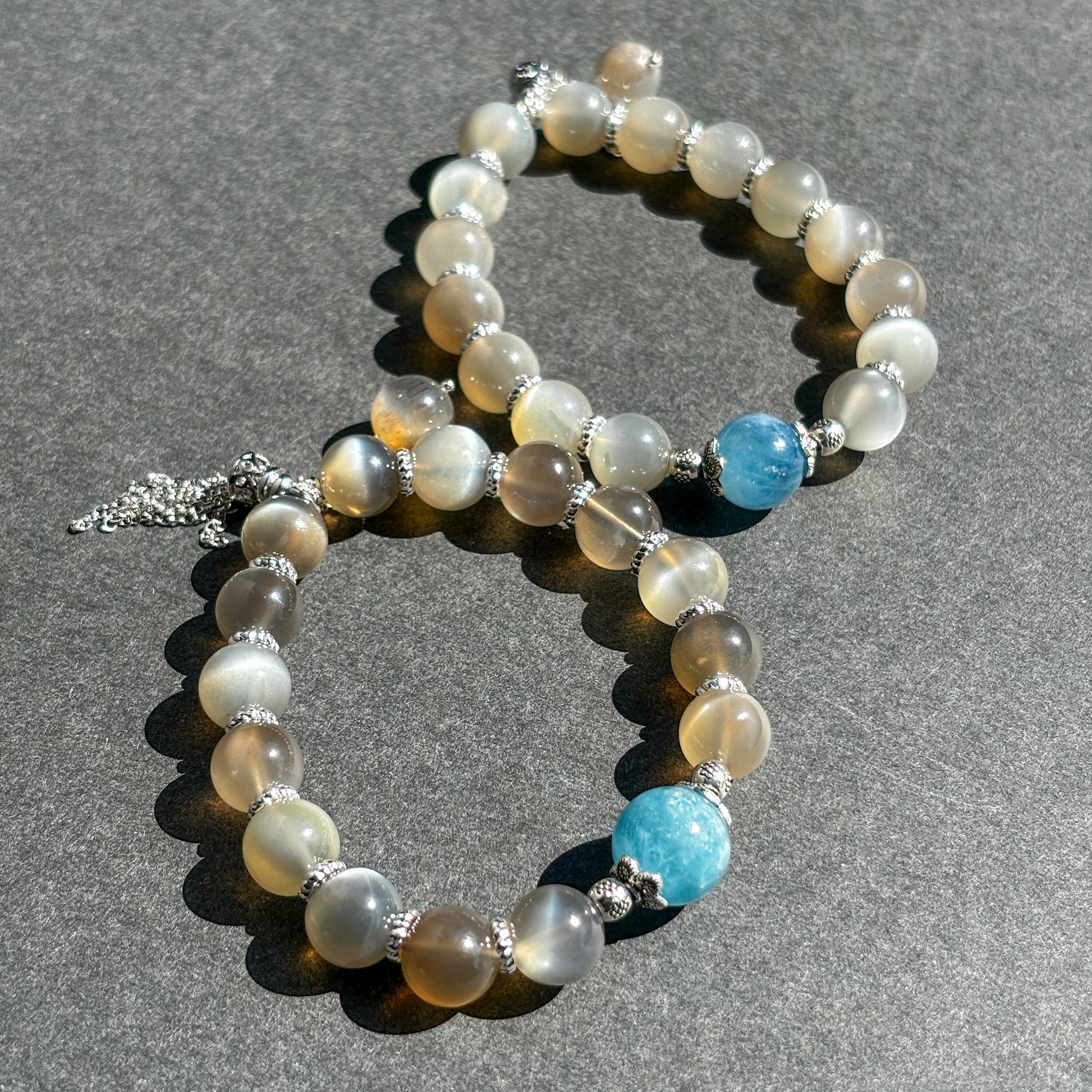 Gray Moonstone and Aquamarine Handmade Boho Chic Crystal Bracelet