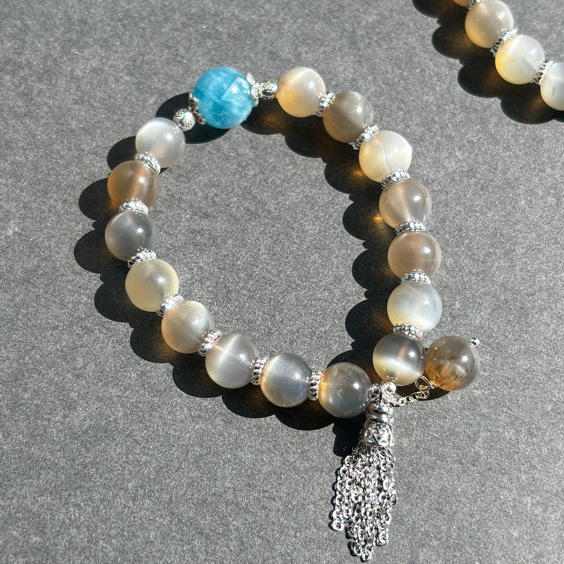 Gray Moonstone and Aquamarine Handmade Boho Chic Crystal Bracelet