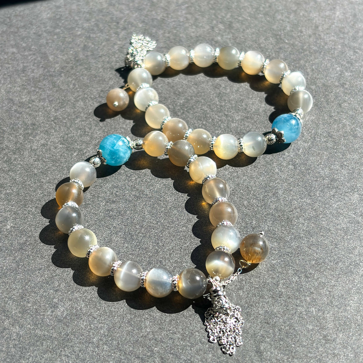 Gray Moonstone and Aquamarine Handmade Boho Chic Crystal Bracelet