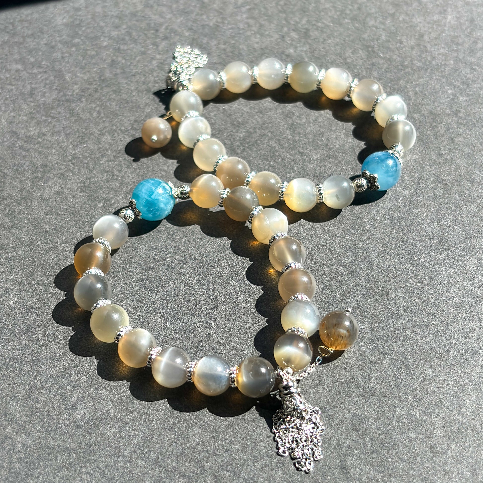 Gray Moonstone and Aquamarine Handmade Boho Chic Crystal Bracelet